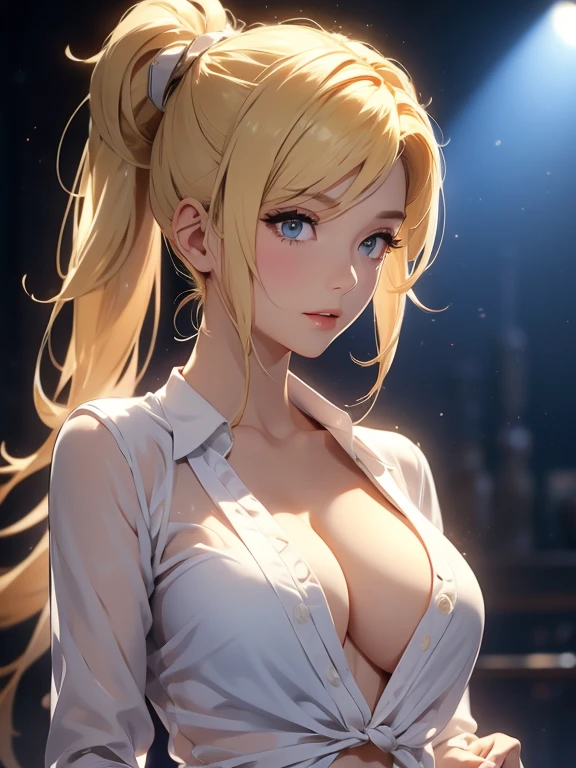 1 female, Blonde Hair, Hair tied into a side ponytail, Sexy neckline, Transparent V-neck shirt, B cup chest, Nipple marks on clothing, For the audience, Women&#39;s Focus, (masterpiece:1.0), (Background screen 8k) : 1.0), (Beautiful face detail: 1.0), Character approaches the camera, V-shaped panties, Purple, Lace underwear, permanent, In an office, black, Front view,