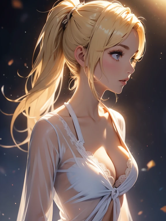 1 female, Blonde Hair, Hair tied into a side ponytail, Sexy neckline, Transparent V-neck shirt, B cup chest, Nipple marks on clothing, For the audience, Women&#39;s Focus, (masterpiece:1.0), (Background screen 8k) : 1.0), (Beautiful face detail: 1.0), Character approaches the camera, V-shaped panties, Purple, Lace underwear, permanent, In an office, black, Front view,