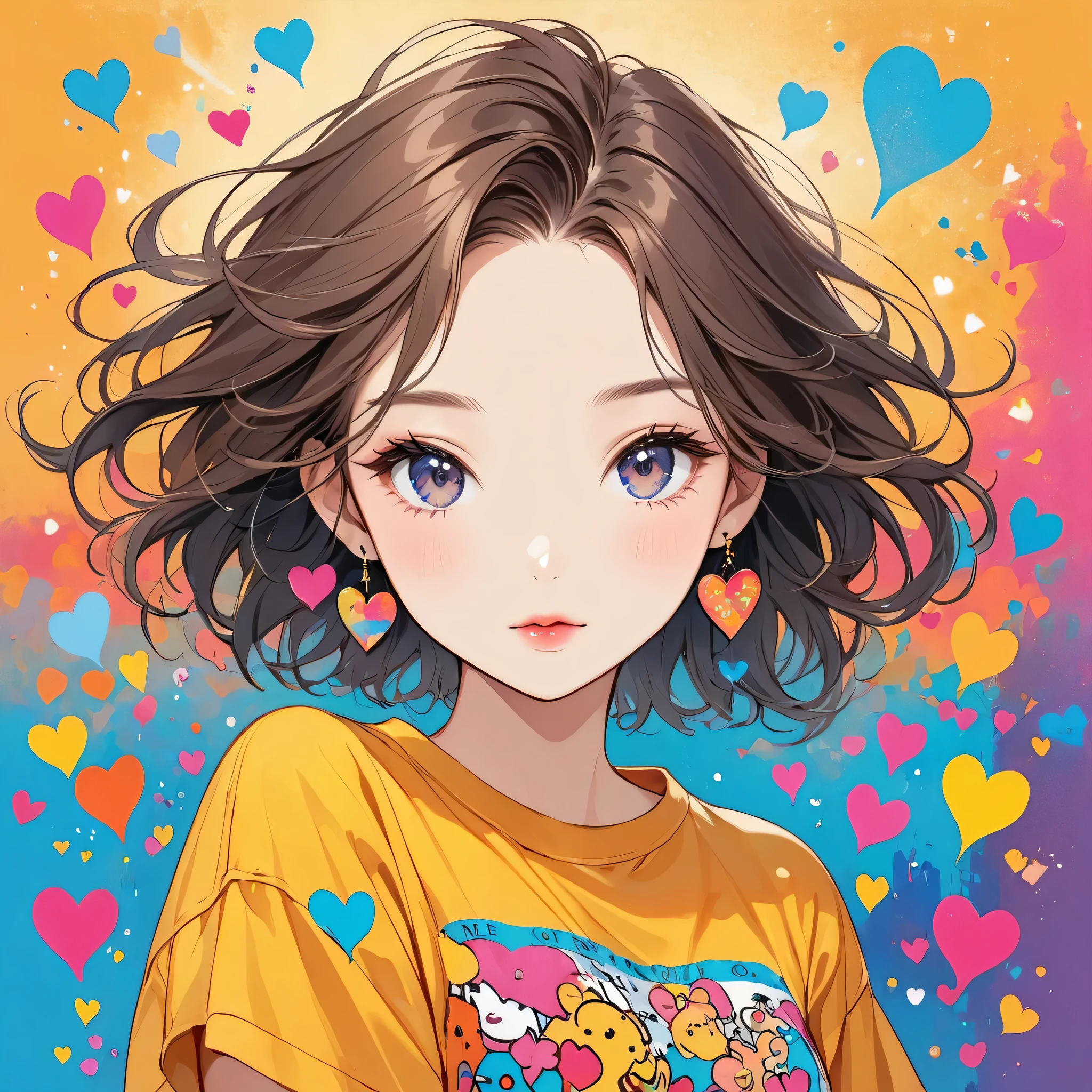 Keith Haring colorful style, Simple Line Initialism,Abstract art,Urban Background, (((The most beautiful girl of all time))), Sweet face. Lips in love, colorful hearts, stylish design, 夏のオシャレなTシャツ, 黒い瞳