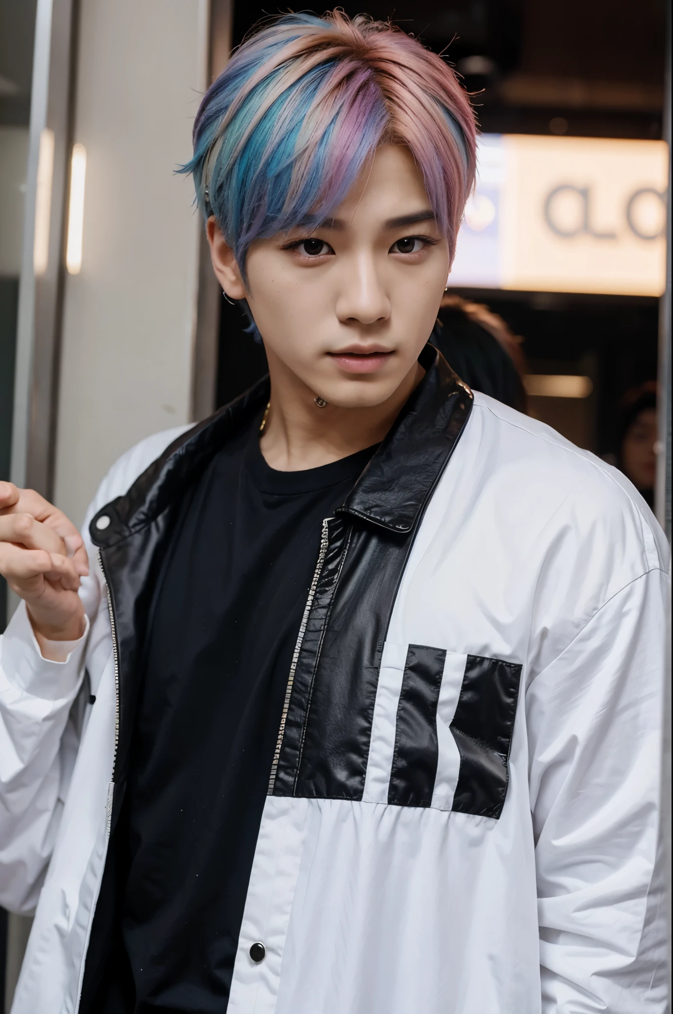 Seven male k pop idols with different colour hair