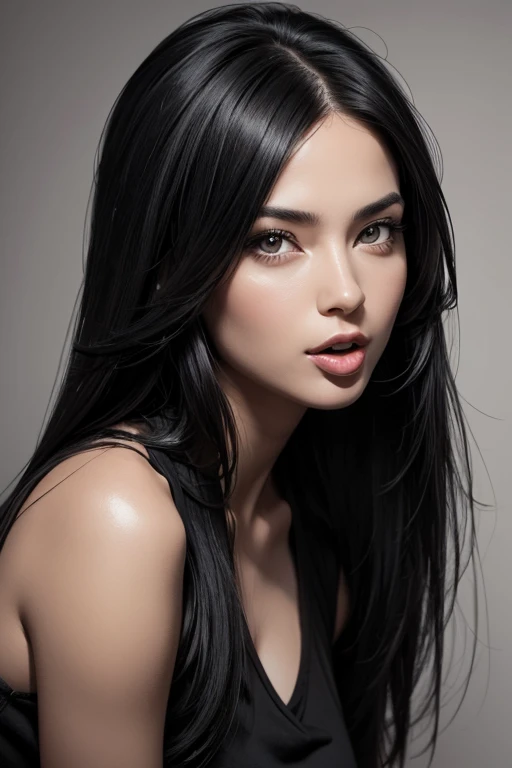 Realistic black and white drawing, woman with shoulder-length black hair, showing her tongue,