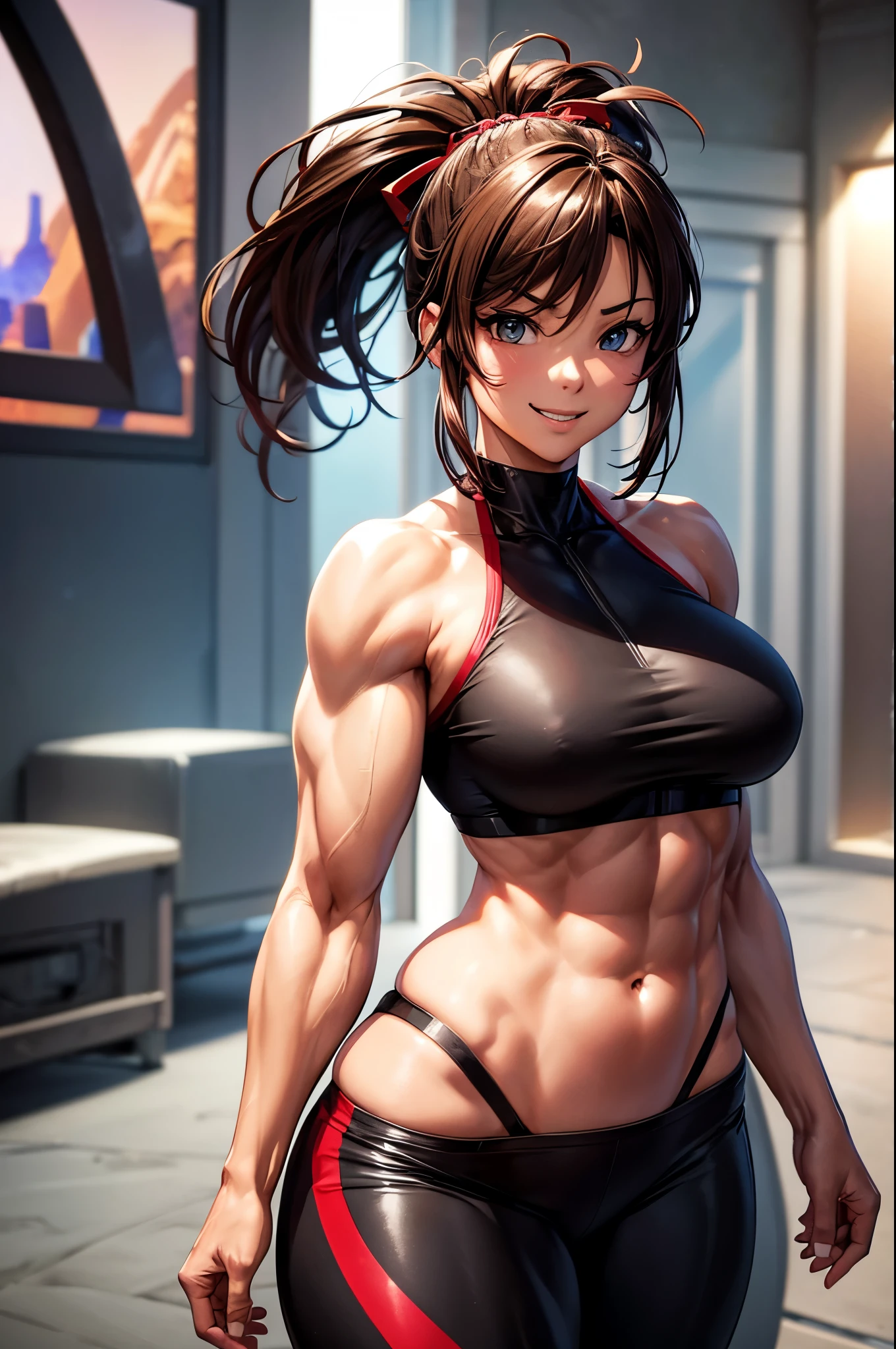 8k,Light brown mohawk hair,胸の大きなso beautifulなオランダ人の女性, Big and ample breasts,Big smile,so beautiful(Like the real thing)Black and red sporty outfit,Black and red sporty pants,　sexy,deviantart artstation cgscosiety, 3DレンダリングCharacter Art, Trending on Artstation 8k, Trending on artstation hd, Adventure Hyper Real Rendering, Perfect body with realistic shading, Photorealistic perfect body, Ultra-high resolution,Ultra-high resolution,Surreal,Fantasy art,Character Art,high quality,sexy,Strongly defined abdominal muscles,Muscular and slim body,Muscular and lean lower body,Rich colors, Backlight, Cinema Lighting, Film Grain, to be born, 50mm lens, Nikon D850,compensate,View your viewers,Lean and muscular lower body,Muscular Beauty,Bodybuilder,Makeup,Big smile,Uplifting,Top-down view,