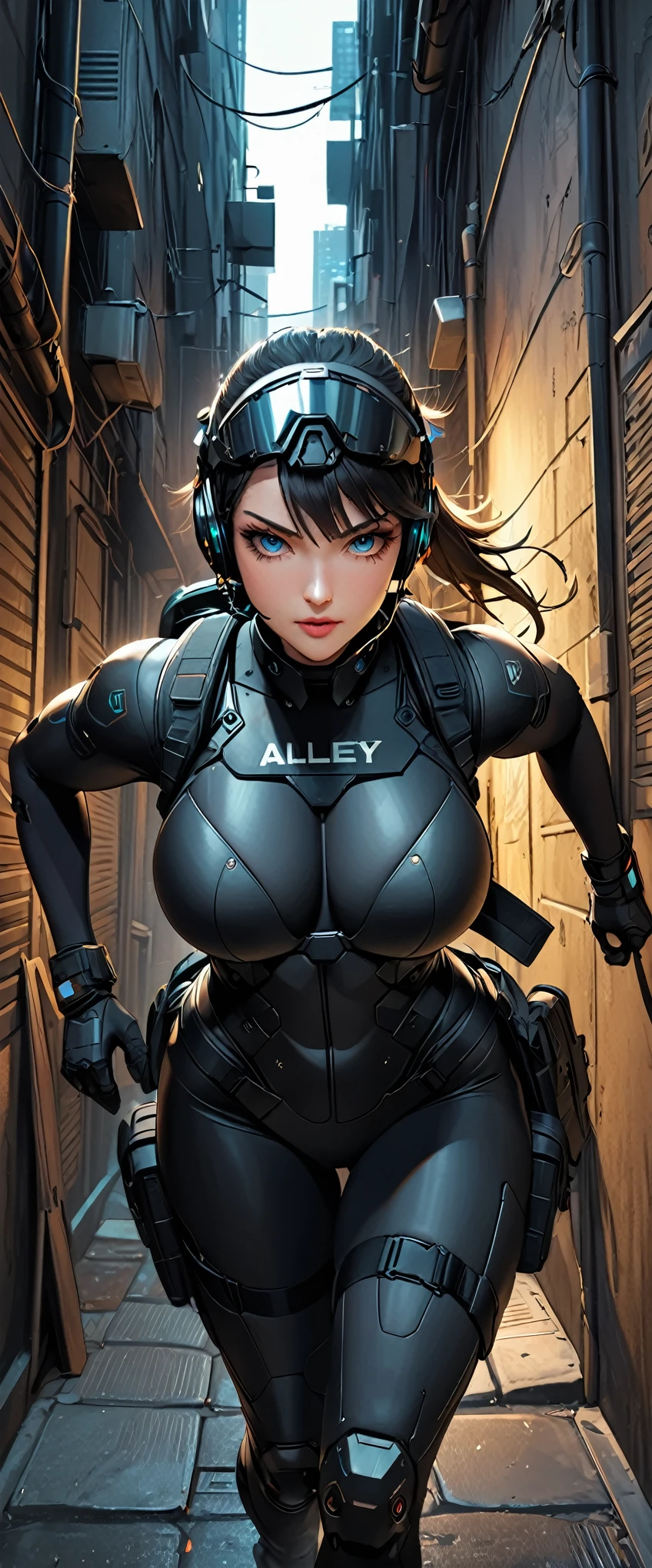 (masterpiece:1.2,Highest quality,Highest quality,Very detailed:1.2),8k,wallpaper,(One Woman),(Future female SWAT team members),(((Gunfight in a narrow alley:1.6))),(Extremely form fitting black tactical bodysuit),(Tactical Headset),(Tactical Gloves),break(Severe),(ponytail),(Black Hair),(Beautiful Face),(Beautiful Eyes),(Beautiful Eyes),(Very detailedな顔),(Very detailedな女性の手),(Muscular),(sexy),(Big Breasts),(Thick thighs),(Beautiful body),(The background is the neon streets of a future city:1.6),(cyber punk:1.6),(((Hand,detailed,perfect,perfection,hands))),(Beautiful female hands),(Accurate hand drawing),(dynamic),(action shot)