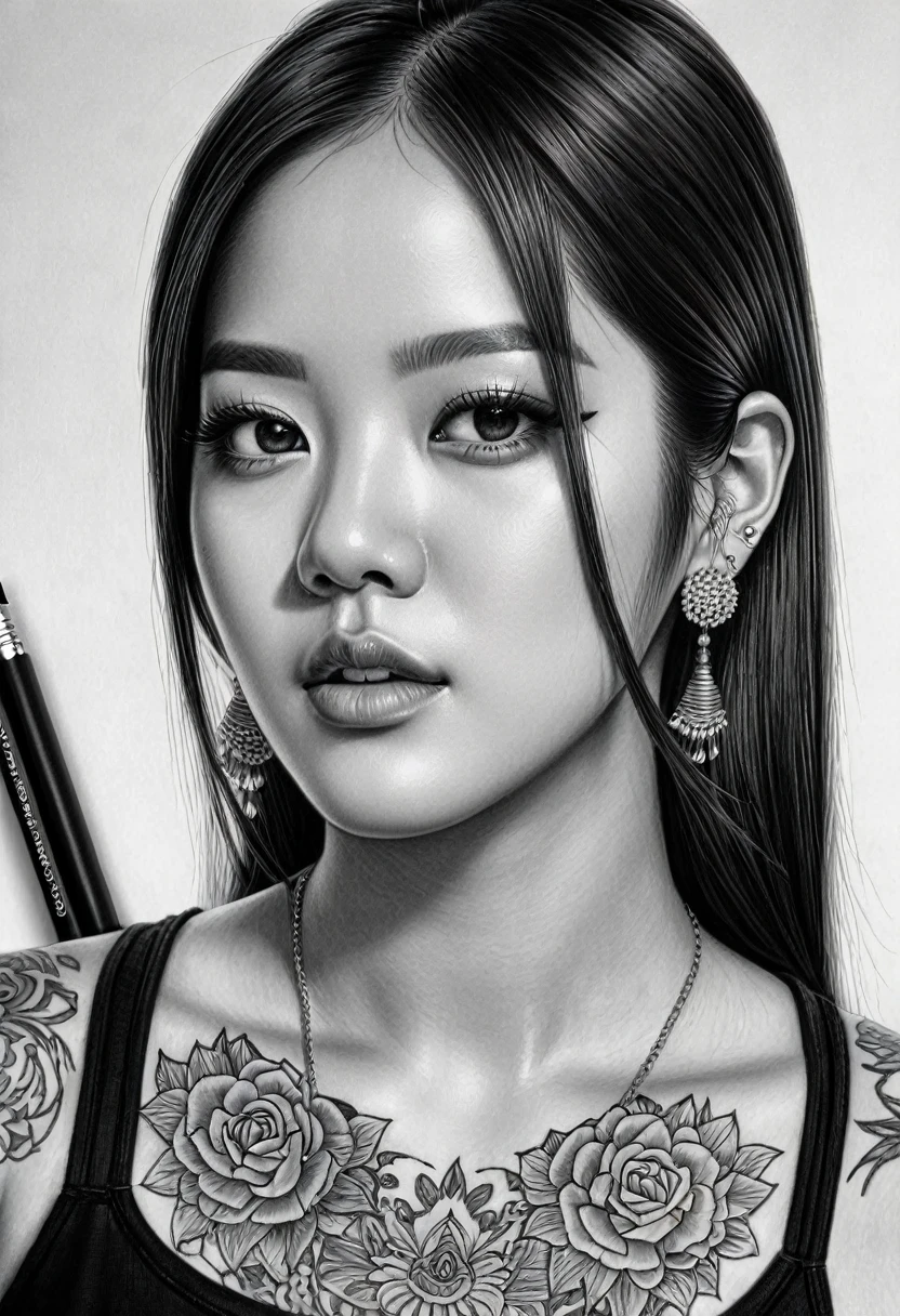 drawing of a woman with tattoos on her face and a lot of pencils, portrait jisoo blackpink, detailed drawing, highly detailed portrait, extremely detailed portrait, jisoo from blackpink, realism drawing, detailed fanart, fanart, black and white drawing, very detailed portrait, traditional art, hyperrealistic sketch, highly detailed drawing, realistic drawing, detailed penciling, pencil draw, drawing