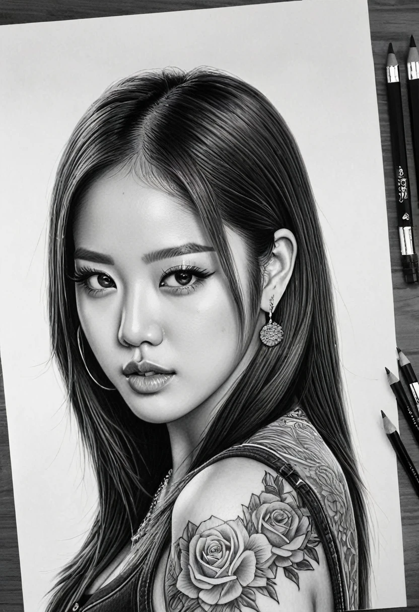 drawing of a woman with tattoos on her face and a lot of pencils, portrait jisoo blackpink, detailed drawing, highly detailed portrait, extremely detailed portrait, jisoo from blackpink, realism drawing, detailed fanart, fanart, black and white drawing, very detailed portrait, traditional art, hyperrealistic sketch, highly detailed drawing, realistic drawing, detailed penciling, pencil draw, drawing