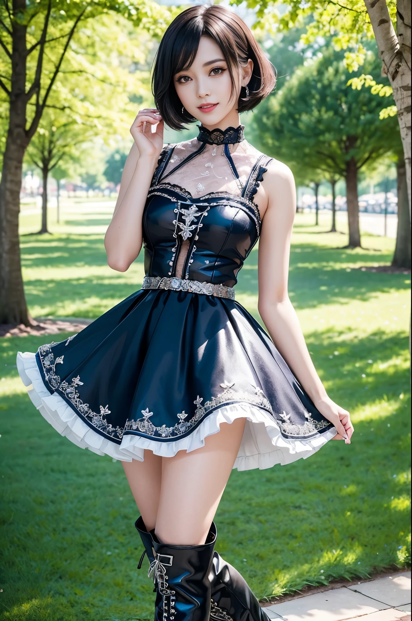 Photo Real、photoRealstic Golden hair、Depigmented hair、Short hair、Straight hair、Lots of bangs big eye、with round face、Plump cheeks、The contours of the face are round、a small face、a japanes、17years、ty body、skinny body、young body、Soft thighs mini top hat、Gothic lolita、Red Wedding Dress、Black frills、Wear lace、Dresses that stand out、Decoration Dresses、a short skirt、Unique clothing single、Adult Pose、Bold poses、Blushing、Looking here、cleavage of the breast、smil Background with、Old-fashioned Western-style building、Western-style castle、a castle yard,(Full Body:1.5),(cute face:1.2),(huge breasts:1.3),(medium heels:1.2),(big hips:1.2),(medium thighs:1.2),(wearing a diamond necklaces with large Cherry Blossom pendants:1.5), (looking at the camera:1.3)
