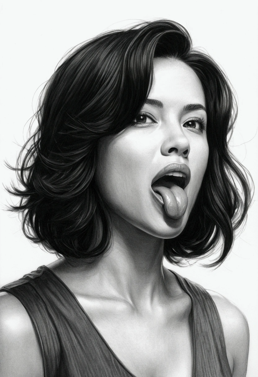 Realistic black and white drawing, woman with shoulder-length black hair, showing her tongue,
