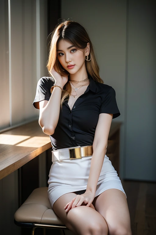 (8ก,high resolution,Masterpiece, best quality, alone, complicated details, Chromatic aberration), realistic, ((middle bust)), hair in one eye, big round hoop earrings, Diamond choker, Gold Necklace, silver necklace, small watch, bangle, bracelet, bangleข้อเท้า, waist necklace, (symmetrical eyes),(Perfect symmetrical body), (Photo of a beautiful teenage girl of 24 years old), Beautiful and charming with contemporary fashion paintings as well......, looking at the audience, ((Behind the scenes of a large classroom)), (black short skirt), (((Wear a blue shirt over มัน...., ((whมันe short sleeve, Open chest shirt), ((Open your shirt and show a little of your breasts...., very good,)), (), (Sagging breasts.))), (()), (Long square leather belt buckle), ((Put your hands down.)), (Bob, medium length hair, pinch, Side flatness, brass colored hair, (There is a thin layer of hair covering the face.........)), sharp eyeliner, eyelid, Blush, have thick eyelashes, sharp eyes, purple eyes, pink cheeks, Very delicate and beautiful, round chin, Sharp focus, elegant, (Open your legs on the study table.........), (Soman turns his head to look at the camera......), (Open your legs and lift your right leg over your left leg.........), (Close-up photo, Shot from the shin below the knee...),, (Sagging breasts.), camel toe, (sitting on the table reading a book..), (Sit with your legs apart...., free feet, Show off faded underwear), (), (Close-up full body photo, Saw black stilettos....