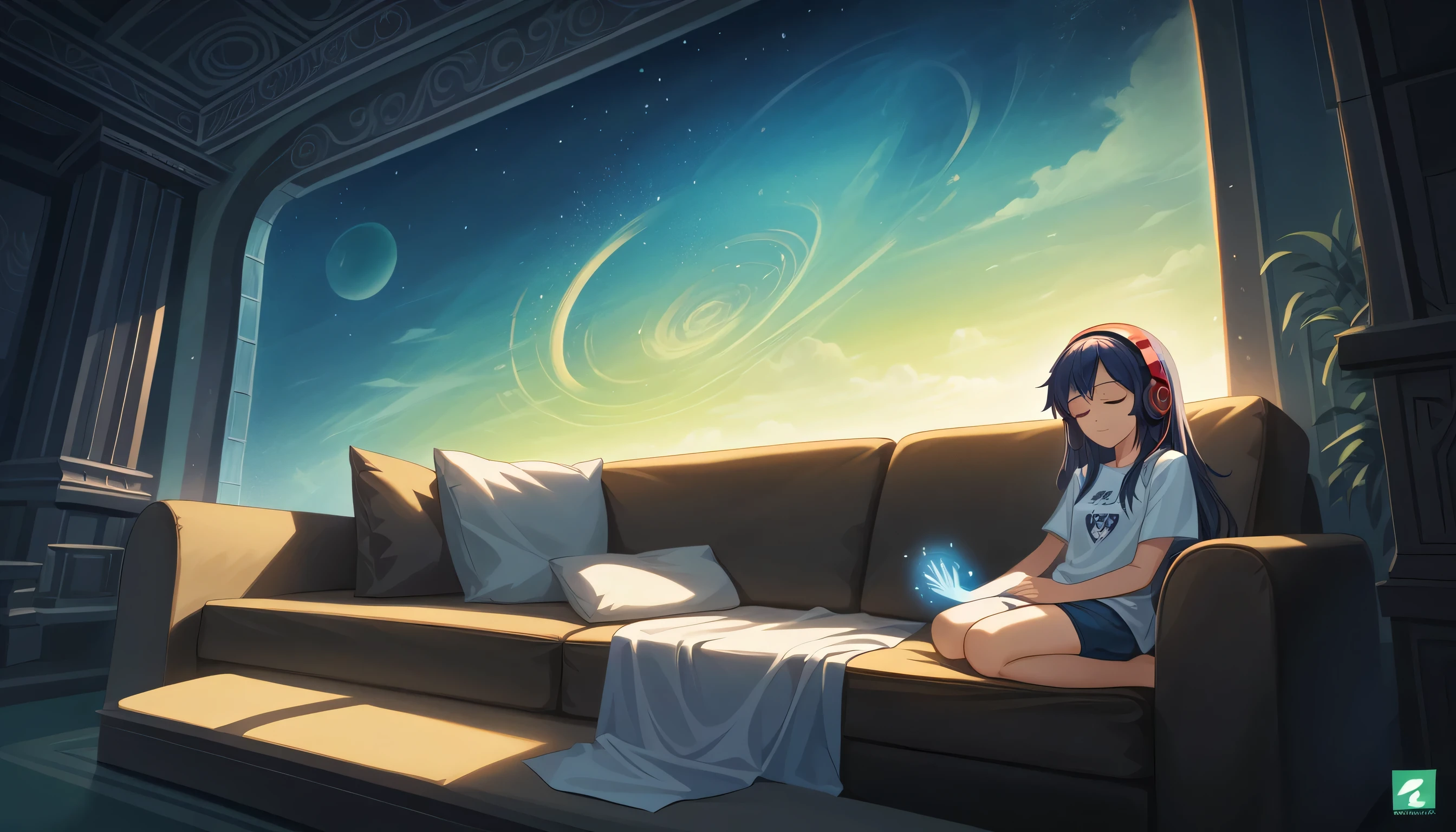 A woman with headphones on is sleeping comfortably on a sofa at night, Wide-angle lens, Lofi Anime, Illustration of Rofi, Aesthetic atmosphere, Lo-Fi Style, Vector art, Flat Design, Simple shape, Warm tones, Pleasant atmosphere, Chill, Anime Style, Digital drawing, Vector art, Vector logo for t-shirt printing, (Adorable:1.5), (small:1.4), (Playful:1.2), (soft:1.3), (Whimsical:1.1), masterpiece, Highest quality, 8k, Intricate details, growing up, Celestial, mysterious, Picturesque, wonderful, Majestic, magic, Fantasy art, Cover art, dream-like