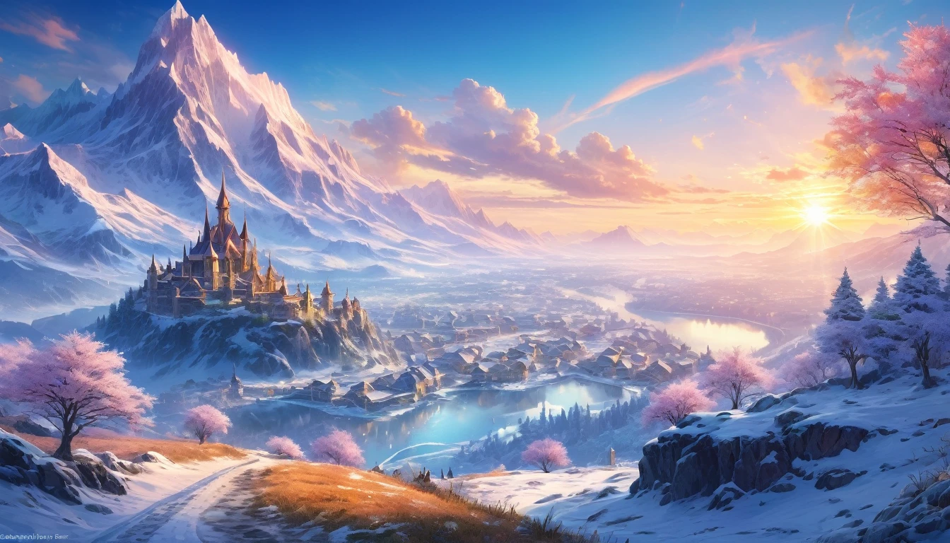 (anime, fantasy, wintersun), (best quality, highres, HDR:1.2), vibrant colors, winter atmosphere, DnD map, intricate, ethereal beauty, fantastical landscapes, point of interest, ethereal light, general shot
