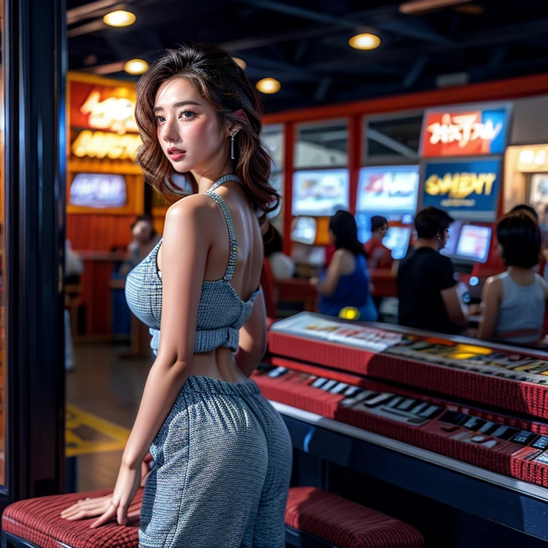 GameShow event girls in sexy costume, (((Song Joo A))) clearly visible the shape of Butt, Full of (Game machine),(pleasure in heaven, life and eternity). (Full body shot:1.2),intricate,ultra detailed,expression art,grand scale,epic,zoomed out,wide angle. (ExtremelyDetailed Beautiful face). (Exposed:0.39)