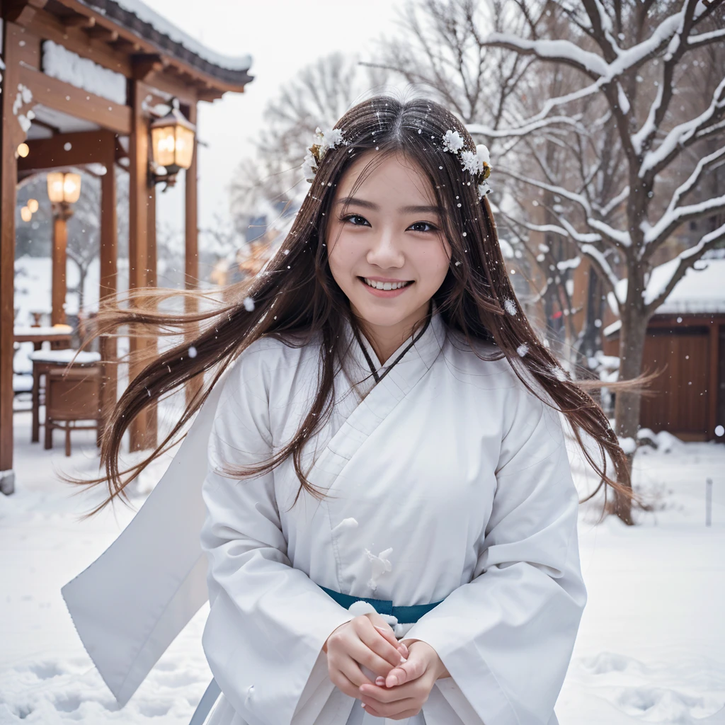 best quality, 4K picture quality, 1 girl, white hanfu, snow, Long hair blows in the wind, Healing smile, large aperture, blurred background