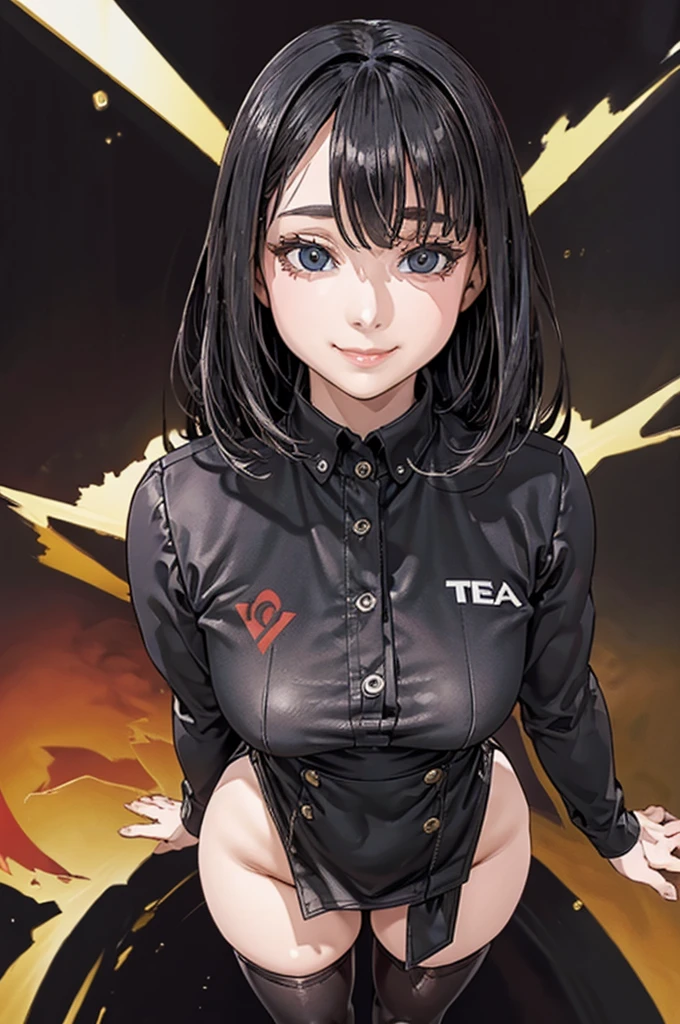 Face Focus , ((Highest quality)), ((Tabletop)), Perfect Face, （((Black knee-highs))) ,   Official Art,Black knee-highsソックス, Ultra-high resolution ,Ultra-high resolution,8k,Beautiful Face,smile,Standing posture,black tights,(Thick thighs),One Woman,Bedroom,Black Hair,semi-long