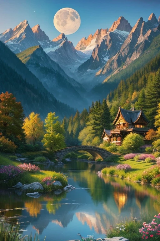 Highest quality、masterpiece、Landscape painting、art、Moon, Mountains and Lakes