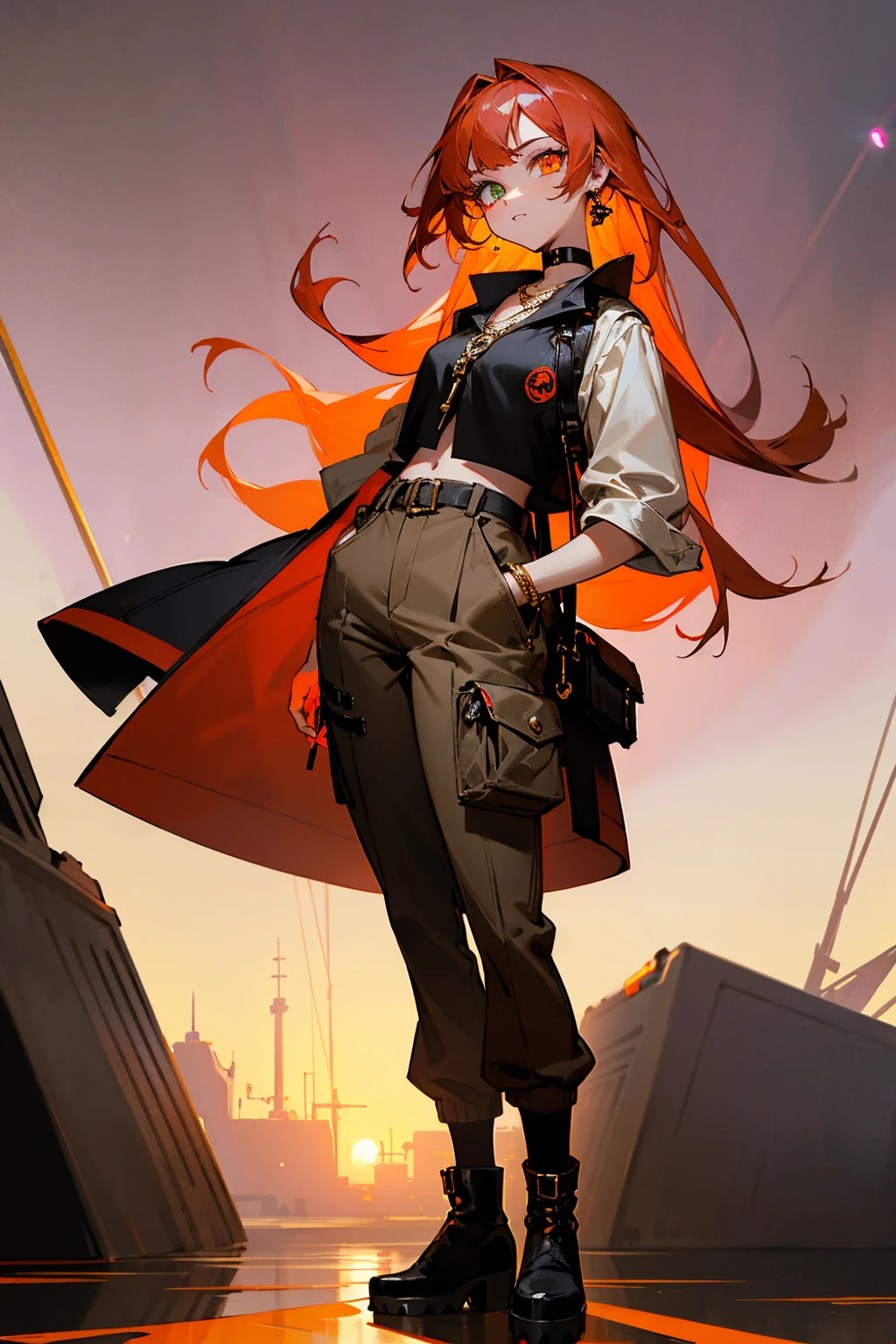 1female, sunset orange and deep crimson ombre hair, styled in loose, cascading waves, one gold eye and one red eye (heterochromia), confident expression, oversized black leather vest with gold studs, baggy beige cargo pants, chunky white platform boots, a stylish black choker with a gold pendant, futuristic city background with holographic advertisements and neon lights, detailed face, hands to side, standing on path