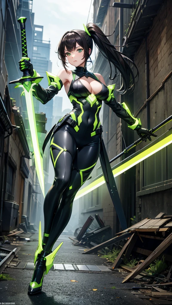 Young woman with dark hair and side ponytail，Chest，cleavage，Bare shoulders，Hand guard，Full body black and green fluorescent line tights，thin legs，High heel，Great sword，abandoned city