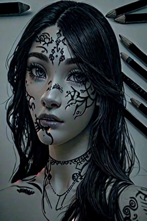 drawing of a woman with tattoos on her face and a lot of pencils, portrait jisoo blackpink, detailed drawing, highly detailed portrait, extremely detailed portrait, jisoo from blackpink, realism drawing, detailed fanart, fanart, black and white drawing, very detailed portrait, traditional art, hyperrealistic sketch, highly detailed drawing, realistic drawing, detailed penciling, pencil draw, drawing
