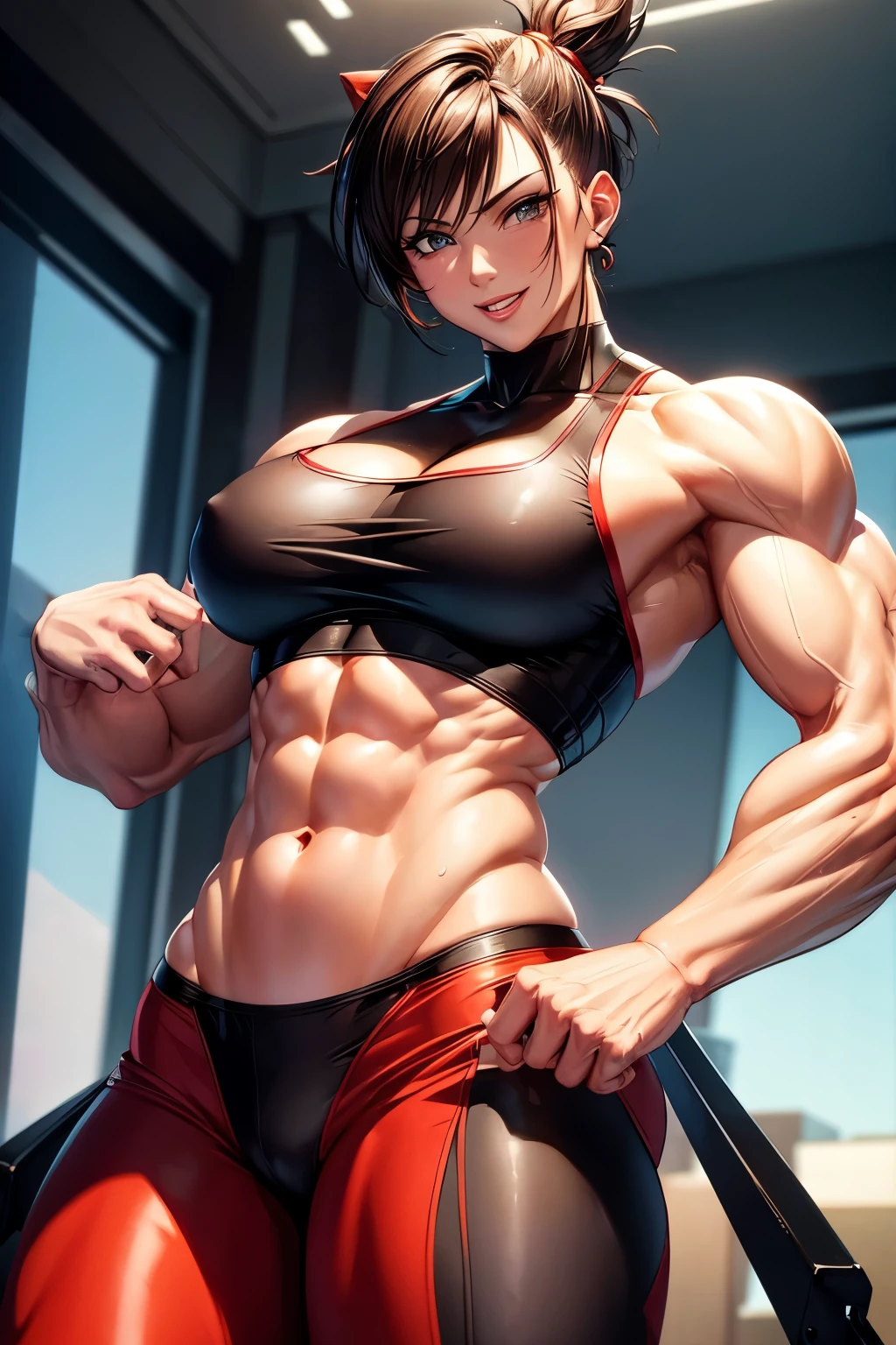 8k,Light brown mohawk hair,胸の大きなso beautifulなオランダ人の女性, Big and ample breasts,Big smile,so beautiful(Like the real thing)Black and red sporty outfit,Black and red sporty pants,　sexy,deviantart artstation cgscosiety, 3DレンダリングCharacter Art, Trending on Artstation 8k, Trending on artstation hd, Adventure Hyper Real Rendering, Perfect body with realistic shading, Photorealistic perfect body, Ultra-high resolution,Ultra-high resolution,Surreal,Fantasy art,Character Art,high quality,sexy,Strongly defined abdominal muscles,Muscular and slim body,Muscular and lean lower body,Rich colors, Backlight, Cinema Lighting, Film Grain, to be born, 50mm lens, Nikon D850,compensate,View your viewers,Lean and muscular lower body,Muscular Beauty,Bodybuilder,Makeup,Big smile,Uplifting,Top-down view,push ups,