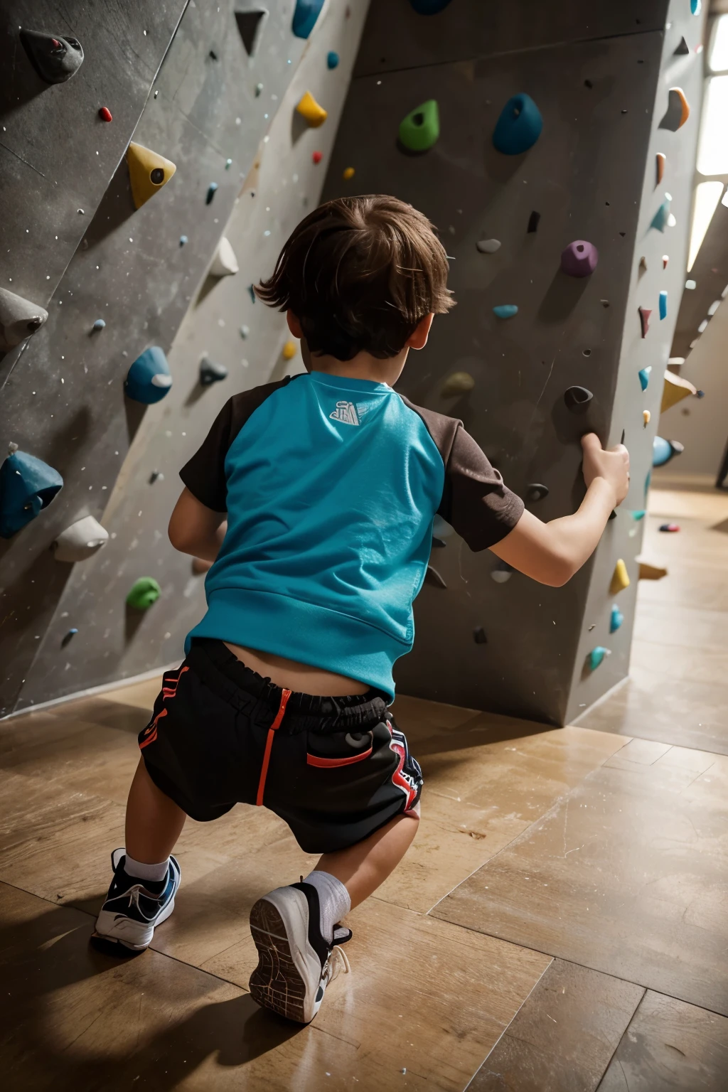 A bouldering hall with a high climbing wall, which is covered with many colorful handles in different shapes and colors. Two boys, 8 and , can be seen from behind in sporty clothing, while climbing the climbing wall. Both have brown hair. A woman in sporty clothes with brown hair and a baby in her sits on the floor. Next to her sits a man with short brown hair also wearing sporty clothes. A little boy aged limbing wall and wants to climb too.