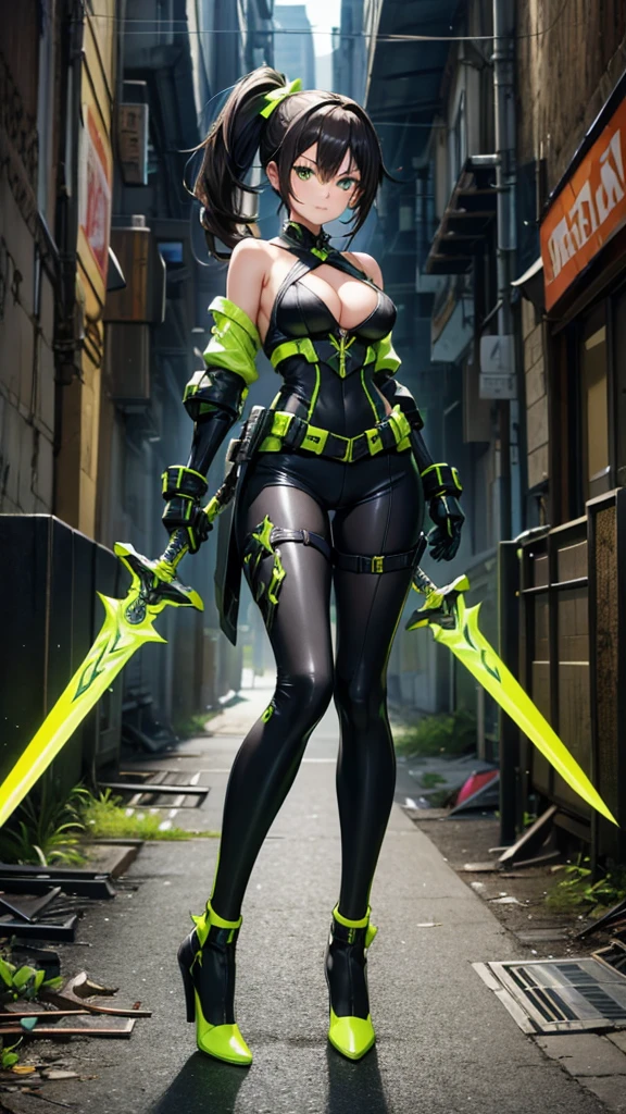 Young woman with dark hair and side ponytail,Chest,cleavage,Bare shoulders,Hand guard,Full body black and green fluorescent line tights,thin legs,High heel,Great sword,abandoned city
