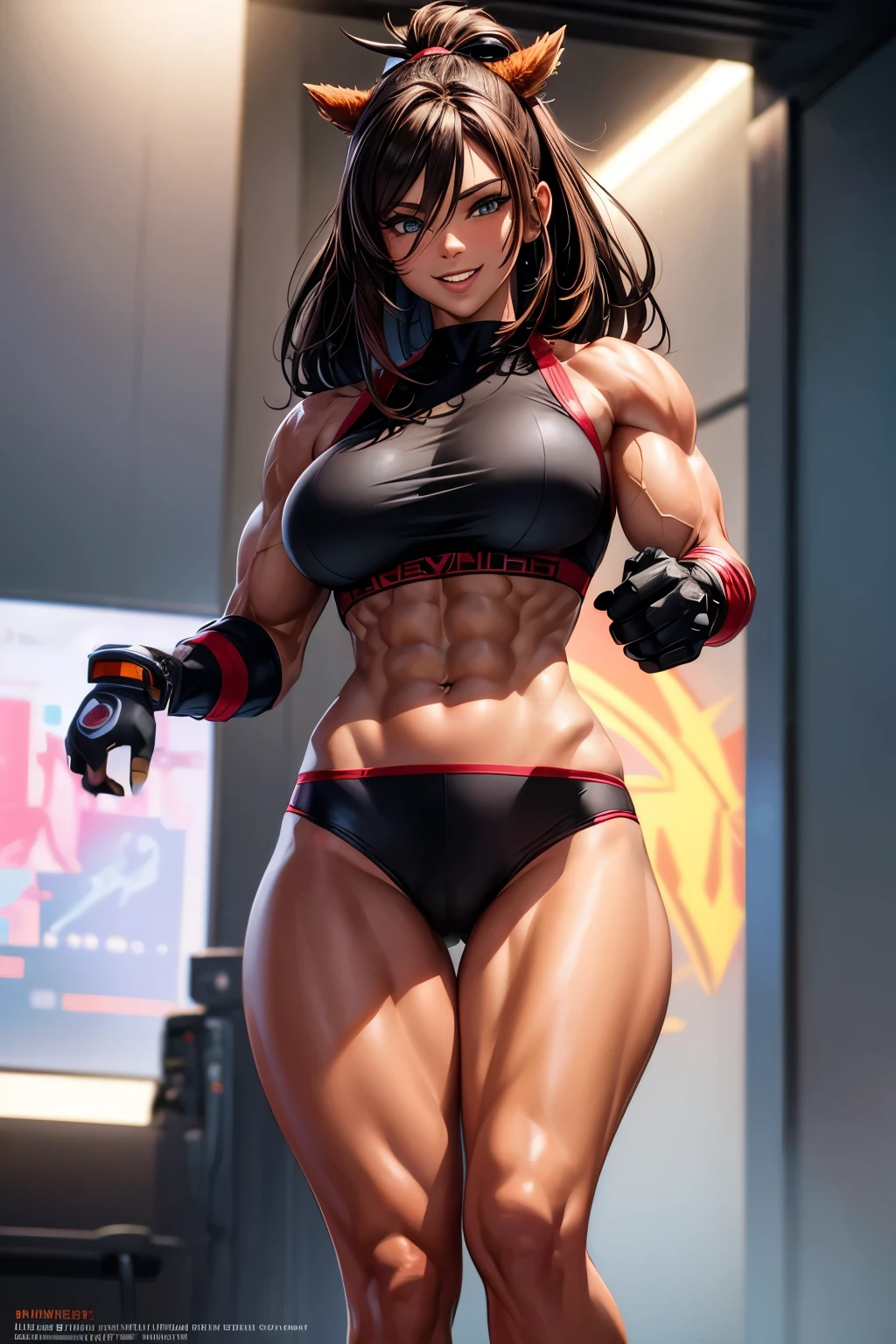 8k,Light brown mohawk hair,胸の大きなso beautifulなオランダ人の女性, Big and ample breasts,Big smile,so beautiful(Like the real thing)Black and red sporty outfit,Black and red sporty pants,　sexy,deviantart artstation cgscosiety, 3DレンダリングCharacter Art, Trending on Artstation 8k, Trending on artstation hd, Adventure Hyper Real Rendering, Perfect body with realistic shading, Photorealistic perfect body, Ultra-high resolution,Ultra-high resolution,Surreal,Fantasy art,Character Art,high quality,sexy,Strongly defined abdominal muscles,Muscular and slim body,Muscular and lean lower body,Rich colors, Backlight, Cinema Lighting, Film Grain, to be born, 50mm lens, Nikon D850,compensate,View your viewers,Lean and muscular lower body,Muscular Beauty,Bodybuilder,Makeup,Big smile,Uplifting,Top-down view,push ups,