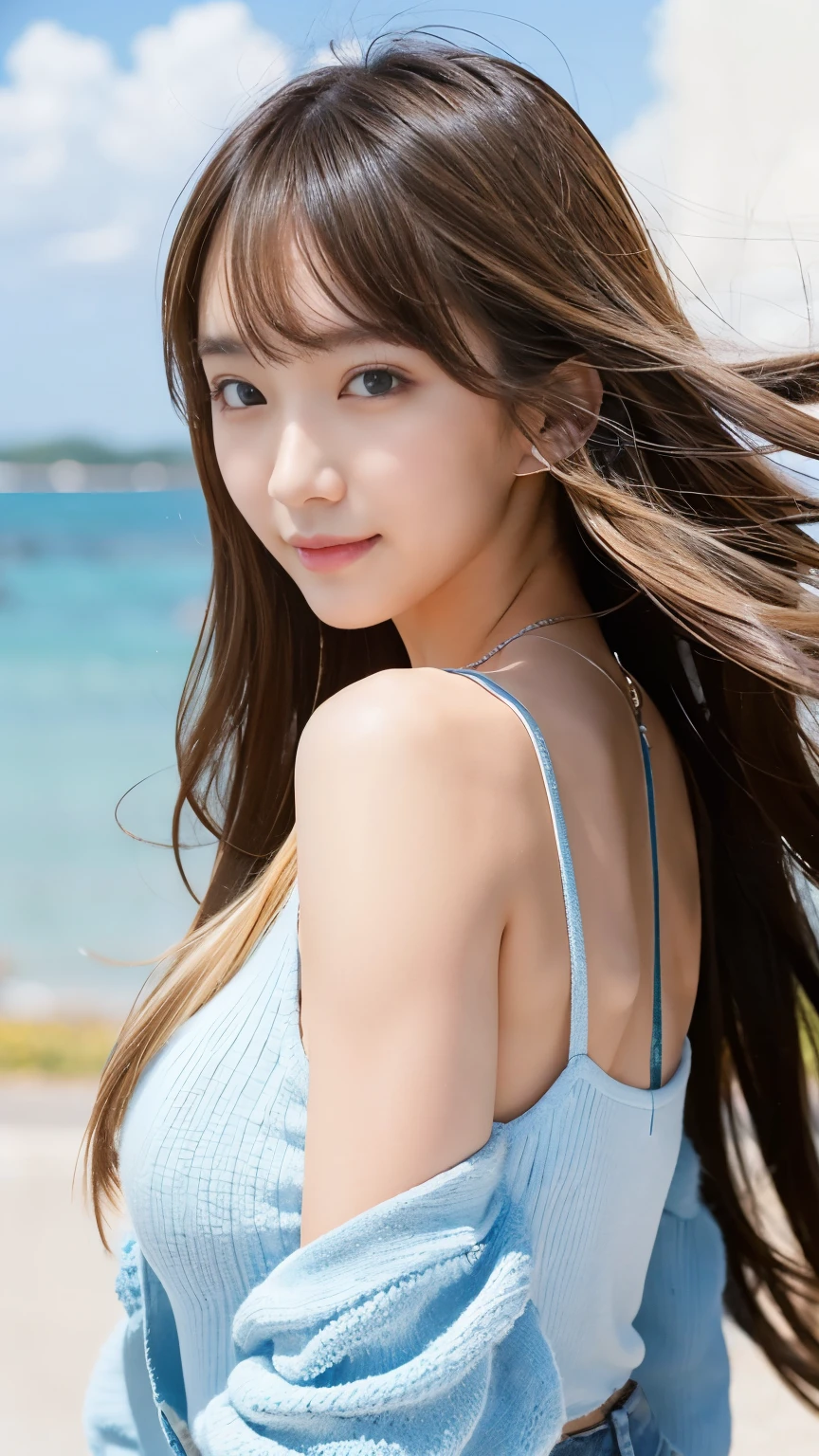 Sexy Big 、A cute 20-year-old girl with a sexy and cute look, beautiful and sexy face、A strong wind blows my hair in front of my face、With straight blonde hair、beautiful, Cute and sexy eyes hidden behind long bangs