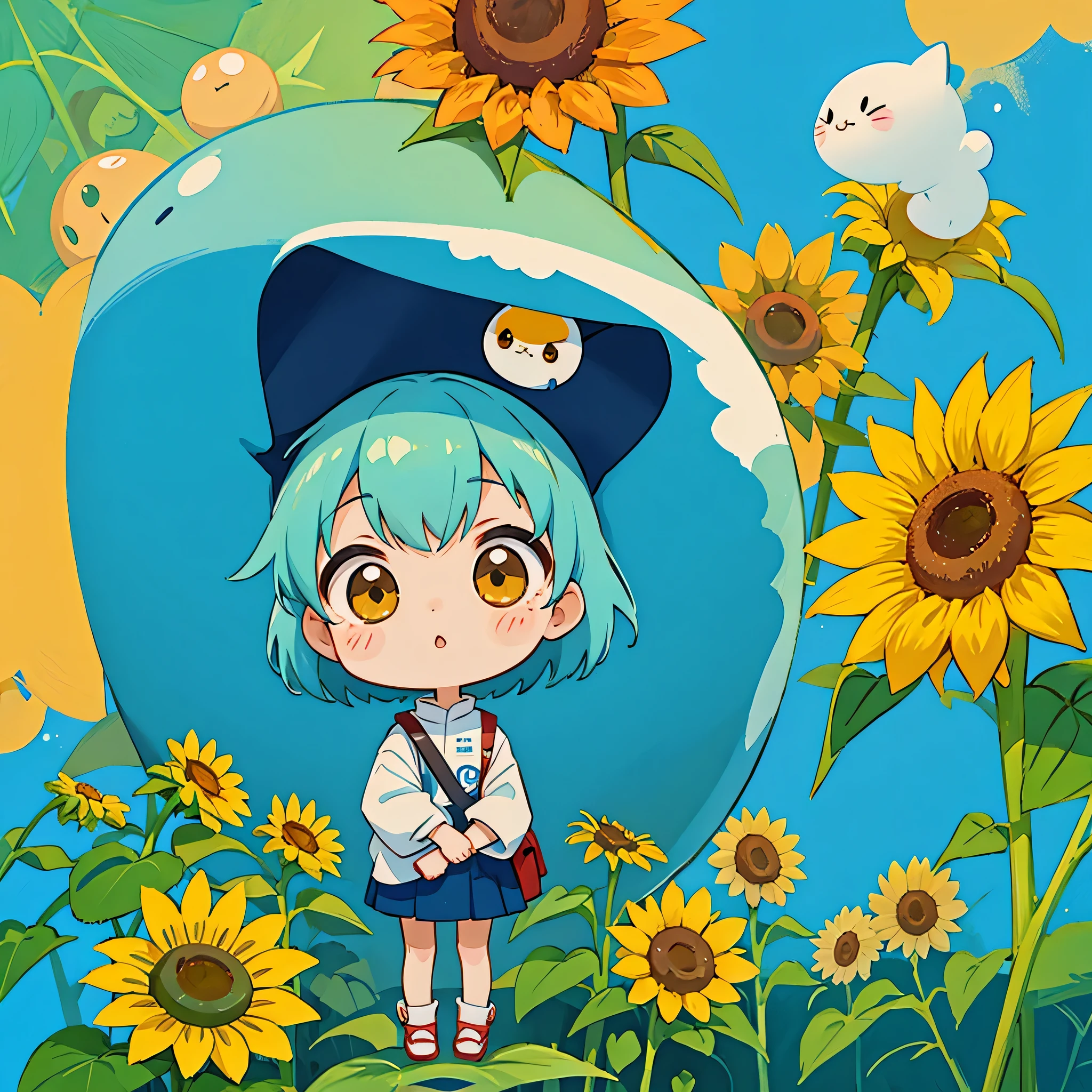 hayao miyazaki style, Kawaii Design, The most beautiful girl of all time、Chibi, Cute Alien、Mars exploration、sunflowers