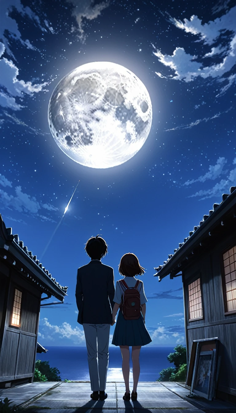 Sit on the moon、Sit shoulder to shoulder、Second-rate、Holding hands、Get along、Boys and Girls、8k、Night Sky、Bright full moon、Get along手をつないで座っている、Night Skyの星、fire Fly、Couple、Rear view、Paintings inspired by Makoto Shinkai, Beautiful anime scenery、Ultra-realistic, Anime movie background, Pixiv Topics、Her hair is fluttering in the wind