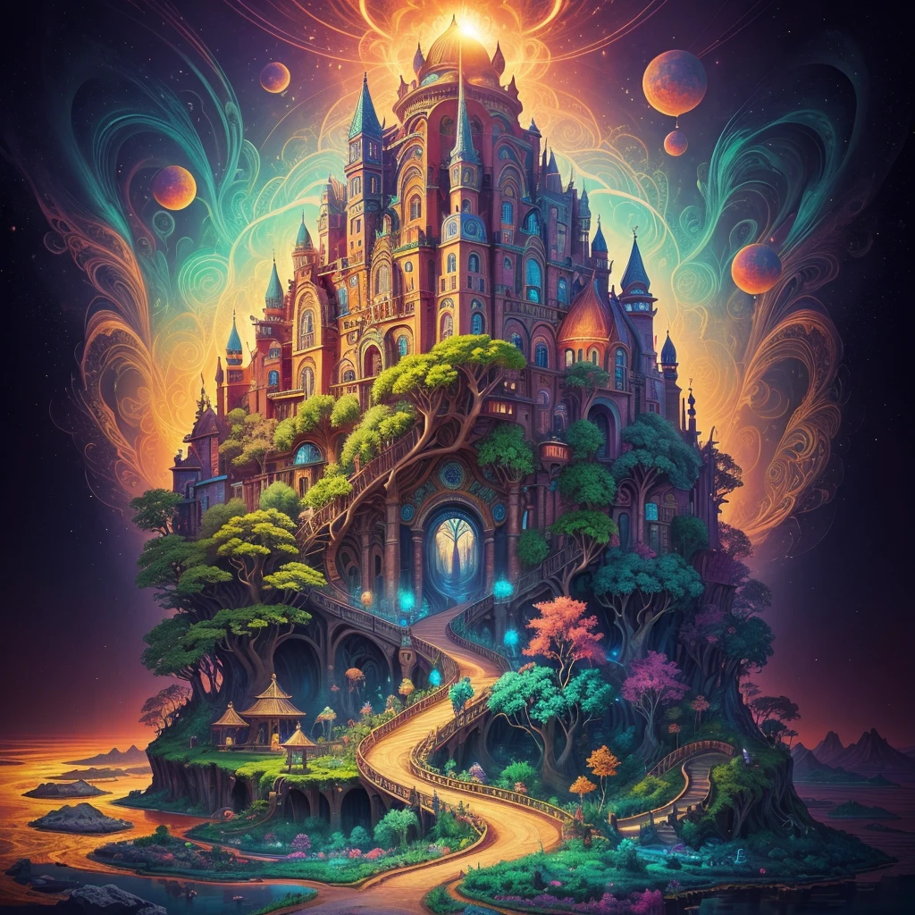 Create a vibrant and otherworldly painting that immerses the viewer in an Aztec-inspired realm. Picture a dense, fantastical forest teeming with an astonishing variety of vivid vegetation, while the murmuring rivers wind their way through this lush paradise. In the distance, majestic mountains rise against the horizon. Amid this surreal landscape, technicolor Aztec pyramids emerge, adorned with mesmerizing fractals and spirals that seem to pulse with energy. The sun, its light comprising 16k saturated and vibrant colors, hangs in the sky, casting an ethereal radiance upon the entire scene. Bring to life the intense saturation, the mesmerizing intricacy of fractals, and the sense of stepping into a vivid, dreamlike world where reality blends with the extraordinary.