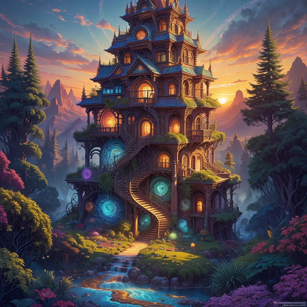 Create a vibrant and otherworldly painting that immerses the viewer in an Aztec-inspired realm. Picture a dense, fantastical forest teeming with an astonishing variety of vivid vegetation, while the murmuring rivers wind their way through this lush paradise. In the distance, majestic mountains rise against the horizon. Amid this surreal landscape, technicolor Aztec pyramids emerge, adorned with mesmerizing fractals and spirals that seem to pulse with energy. The sun, its light comprising 16k saturated and vibrant colors, hangs in the sky, casting an ethereal radiance upon the entire scene. Bring to life the intense saturation, the mesmerizing intricacy of fractals, and the sense of stepping into a vivid, dreamlike world where reality blends with the extraordinary.