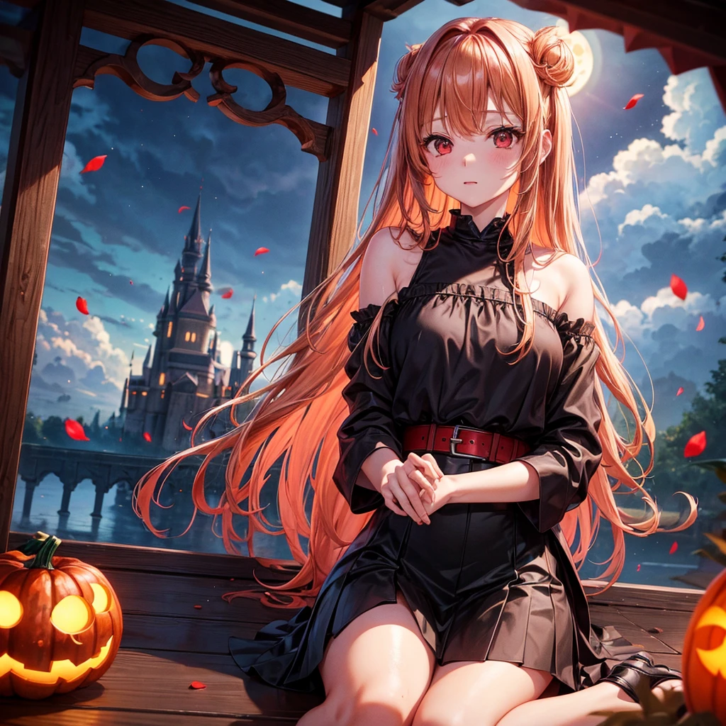 Red-blonde、Red eyes、One cute girl、solo、And soul、Light clothing、Checked mini skirt、petal、Wet hair、Sit on、black t-shirts、large tree、cloud、full moon、monster castle、Lantern in the shape of a pumpkin、Hell&#39;s Gate、Craft Gatekeeper、barefoot、Stones are piled up、Teeth are visible、Secret Treasure、Wooden chair、Moss grows、Fortress City、water is gushing out、Nagashi somen