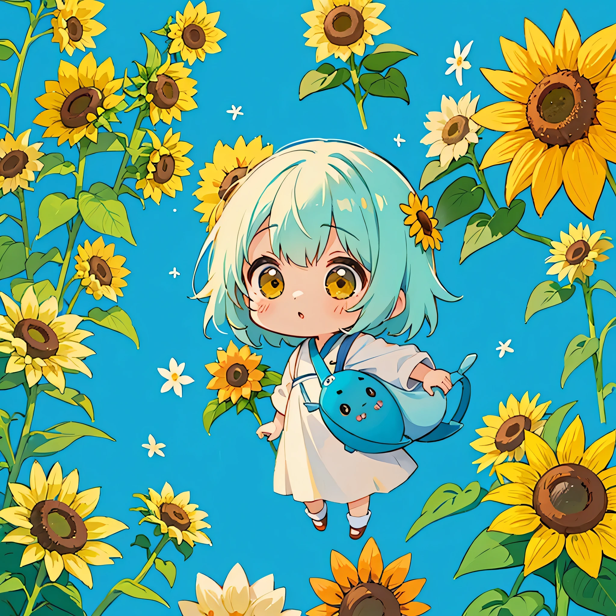 hayao miyazaki style, Kawaii Design, The most beautiful girl of all time、Chibi, Cute Alien、Mars exploration、sunflowers