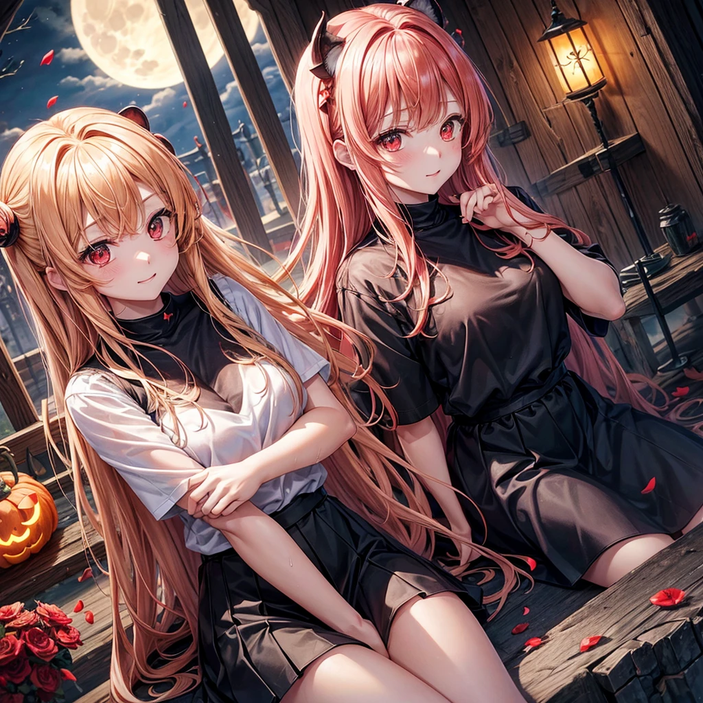 Red-blonde、Red eyes、One cute girl、solo、And soul、Light clothing、Checked mini skirt、petal、Wet hair、Sit on、black t-shirts、large tree、cloud、full moon、monster castle、Lantern in the shape of a pumpkin、Hell's Gate、Craft Gatekeeper、barefoot、Stones are piled up、Teeth are visible、Secret Treasure、Wooden chair、Moss grows、Fortress City、water is gushing out、Nagashi somen