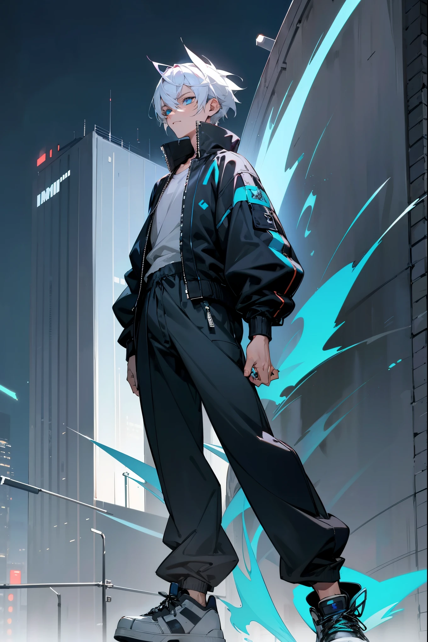 1male, platinum blonde and midnight blue split-colored hair, styled in a spiky, anime-inspired fashion, one emerald eye and one sapphire eye (heterochromia), fierce expression, oversized charcoal gray bomber jacket with angular blue accents, baggy black joggers, sleek black high-top sneakers, a metallic blue wristband, high-tech cityscape background with digital billboards and glowing streets, detailed face, hands to side, standing on path