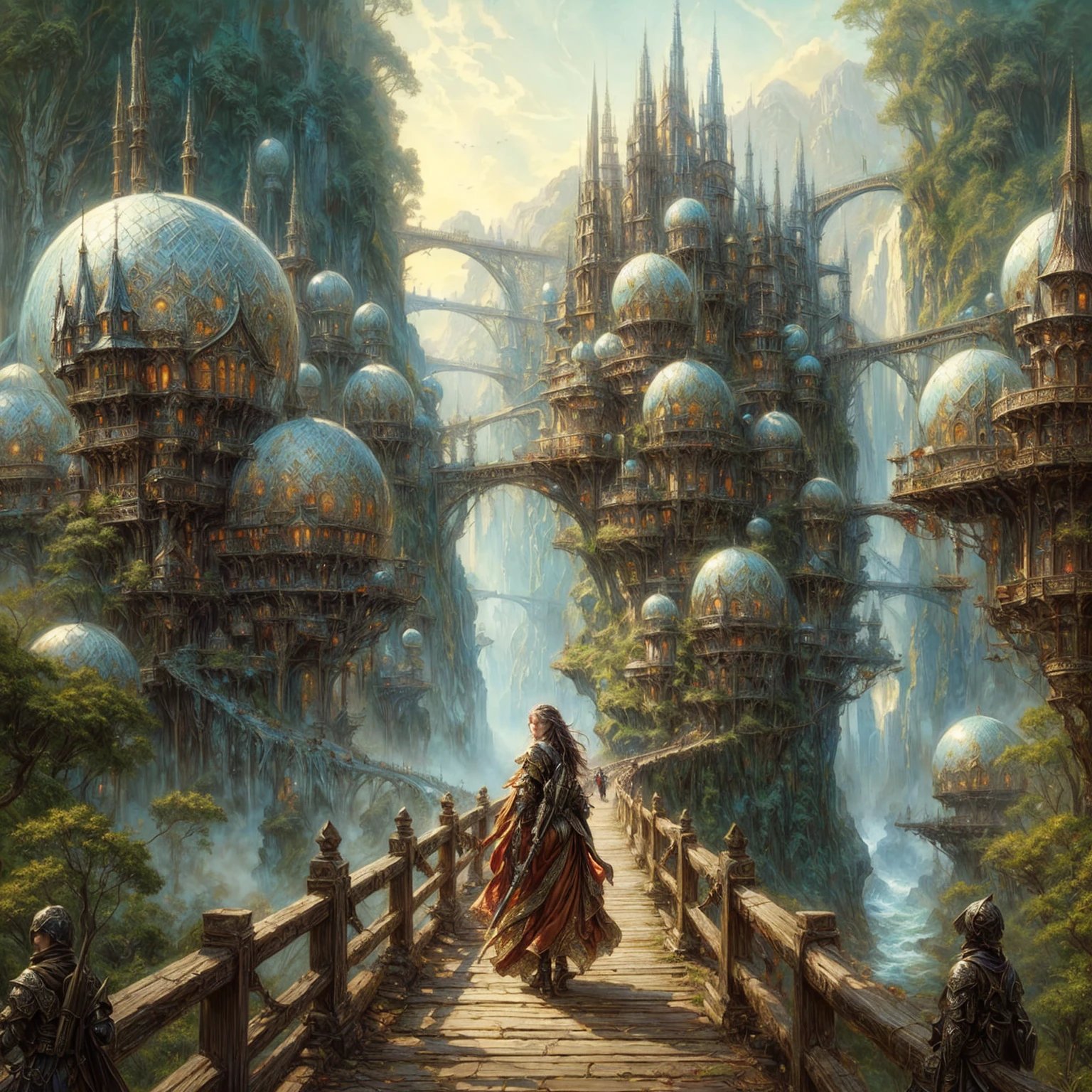 a painting of a woman walking across a bridge over a river, symmetrical epic fantasy art, highly detailed fantasy art, detailed fantasy art, breathtaking fantasy art, fantasy architecture, wide angle fantasy art, high quality fantasy art, fantasy matte painting,cute, detailed fantasy digital art, hd fantasy art, 4k fantasy art, impressive fantasy landscape, in fantasy sci - fi city