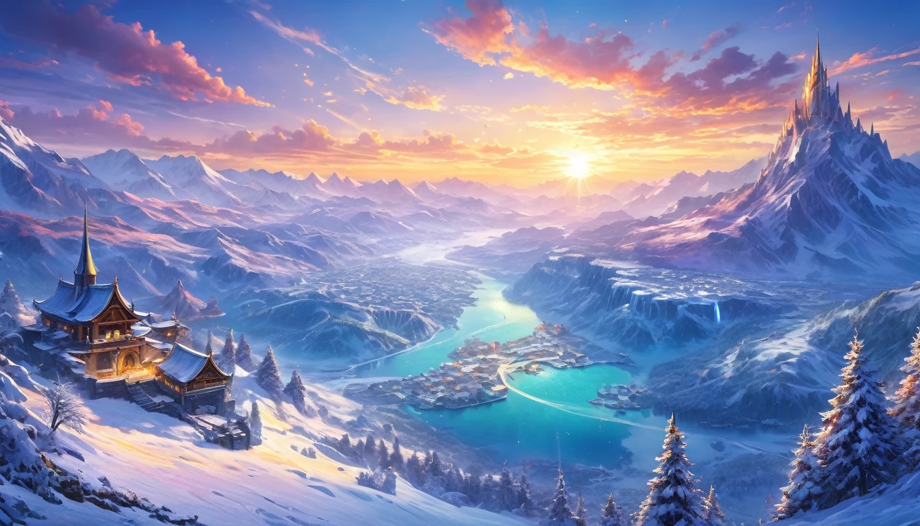 (anime, fantasy, wintersun), (best quality, highres, HDR:1.2), vibrant colors, winter atmosphere, DnD map, intricate, ethereal beauty, fantastical landscapes, point of interest, ethereal light, general shot