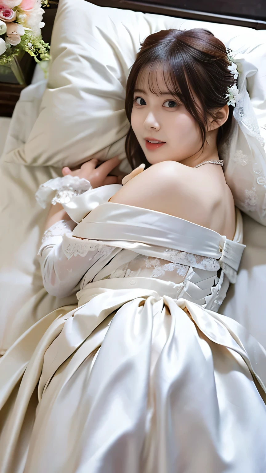 ((Highest quality、masterpiece、、Best image quality、Ultra-high resolution、Award-winning works)、(a girl wearing a white wedding dress:1.8)、(Accurate anatomy:1.1)、(On the bed、(Sleep on your back:1.8))、(Please open your mouth:1.8)、Spread your legs:1.7、Ultra-high resolution for bright and fair skin、The most detailed face、Ultra-high resolution detailed face、Ultra-high resolutionの髪の毛、Ultra-high resolutionの煌めく瞳、Beautiful face drawn in every detail、(Blurred Background:1.1)、very bright and vivid、beautiful japanese actress face、whole body:1.6、Small breasts:1.6、((Clothes are open))、(Nipples、pubic hair、Pussy)