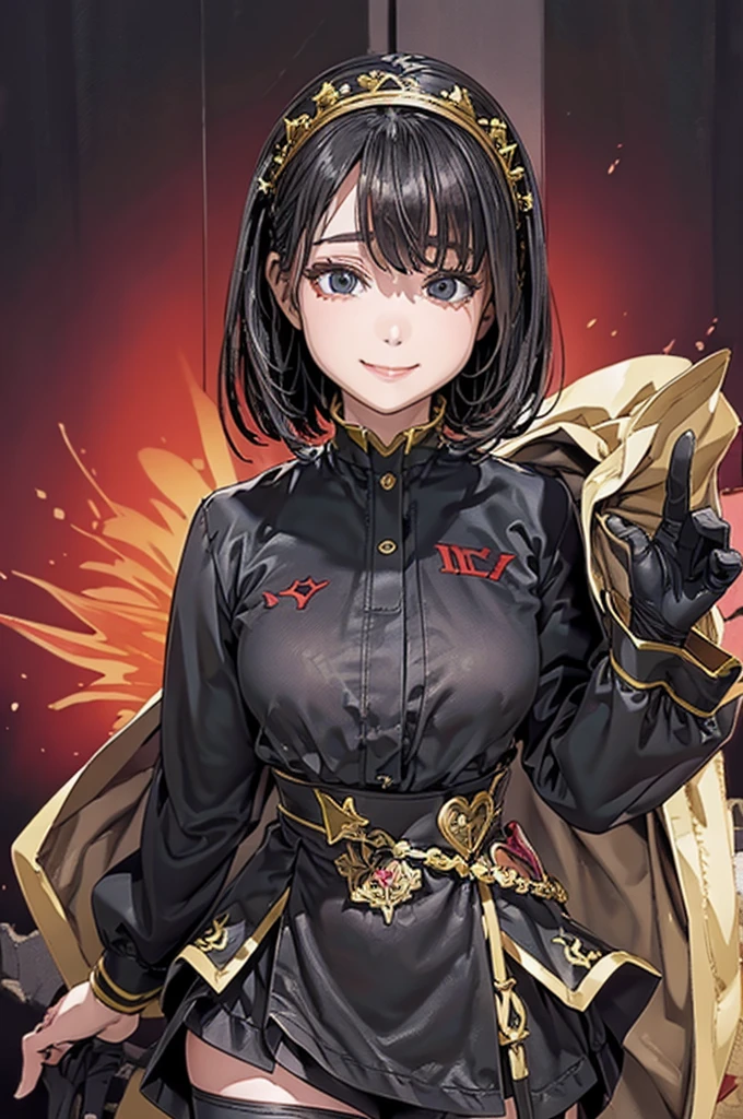 Face Focus , ((Highest quality)), ((Tabletop)), Perfect Face, （((Black knee-highs))) ,   Official Art,Black knee-highsソックス, Ultra-high resolution ,Ultra-high resolution,8k,Beautiful Face,smile,Standing posture,black tights,(Thick thighs),One Woman,Bedroom,Black Hair,short hair