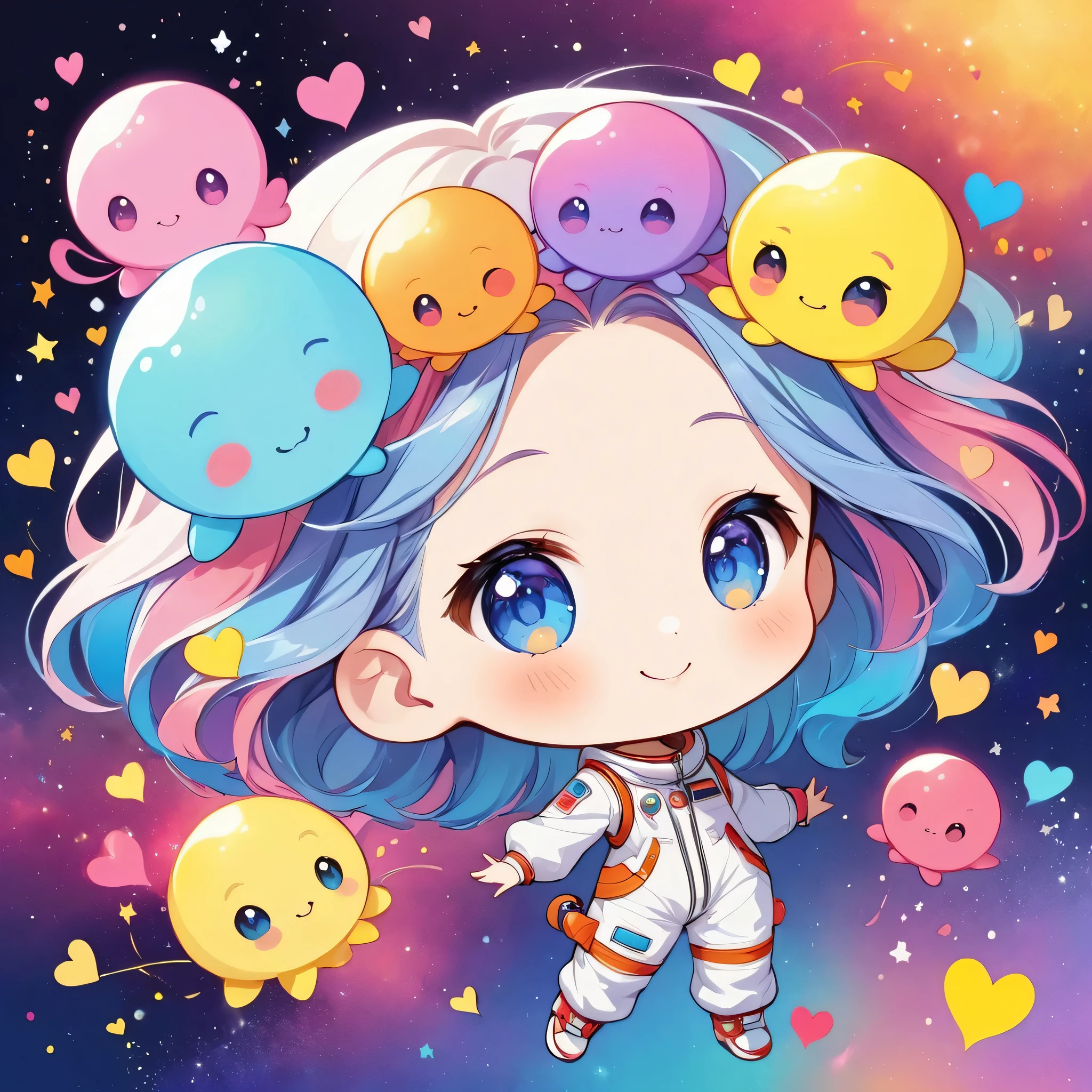 Momoko Sakura colorfull style, Simple Line Initialism，Abstract art，(((The most beautiful girl of all time))), (((chibi))), Sweet face. colorful hearts, funny design, (((happy dance))), Spacesuit, (((Cute Aliens))), The background is space