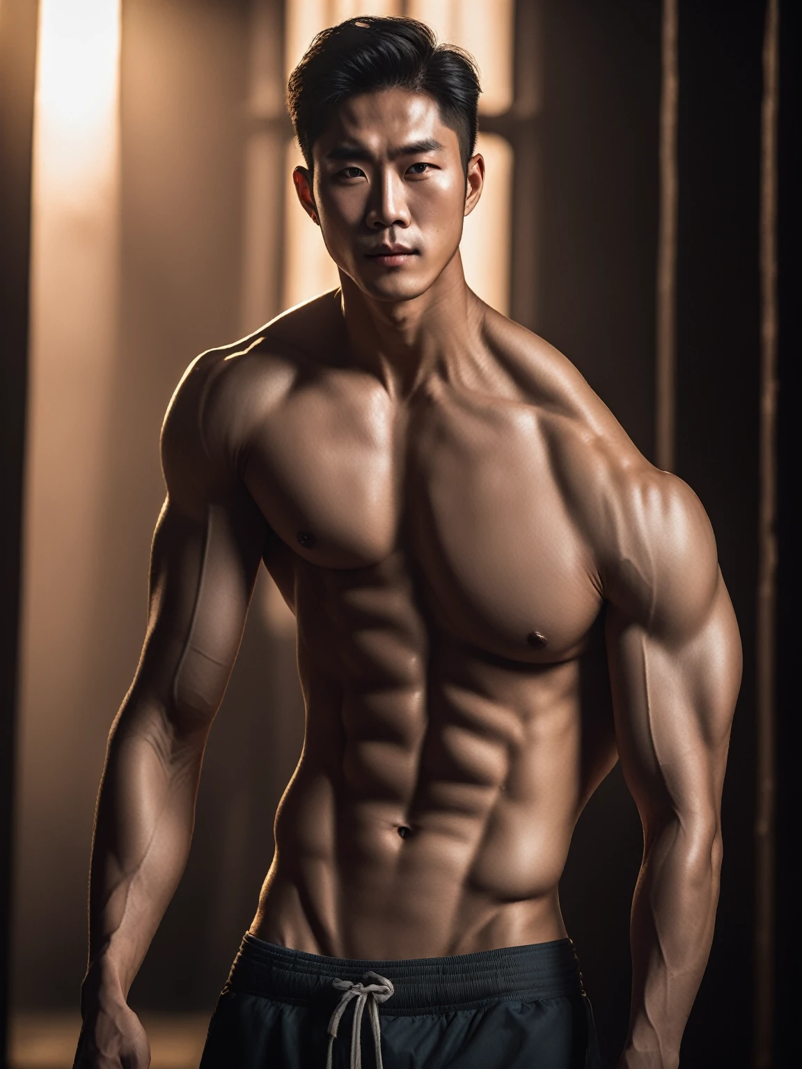 a Korean man with his abs out, beautiful detailed eyes, beautiful detailed lips, extremely detailed face and body, muscular male body, chiseled abs, shirtless, hawt, moody lighting, dark and dramatic, cinematic, hyperrealistic, 8K, high resolution