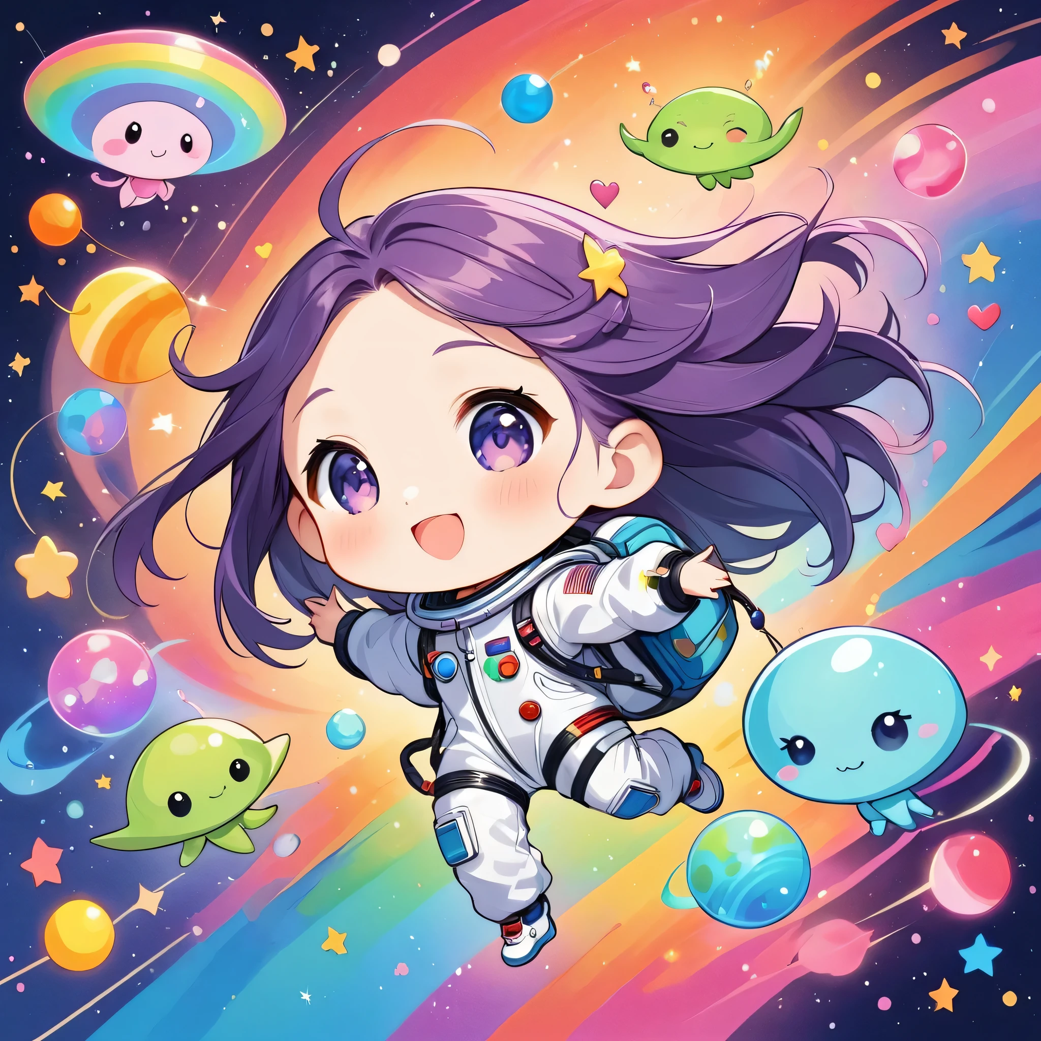 Momoko Sakura colorfull style, Simple Line Initialism，Abstract art，(((The most beautiful girl of all time))), (((chibi))), Sweet face. colorful hearts, funny design, (((happy dance))), Spacesuit, (((Cute Aliens))), The background is space