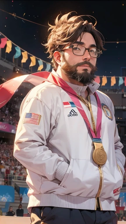 male, alone, ((Yossan)), beard, Glasses, Gymnastics服, Gymnastics, 器械Gymnastics, Perfect Pose, The beauty of muscles, Softness, Concentration during the performance, Spotlight, audience applause, Olympic logo on background