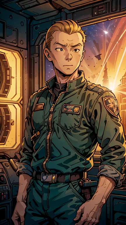 (1man, Tintin,1boy), (extremely detailed CG unit 8k wallpaper),(master part), (best quality), (ultra detail), (best illustration),(style of Dan Mumford), cowboy shot, (Sharp eyeliner, ombre, detailed eyes:1), Outer Space Station interiors background, ,break , (pilot), upper body,short hair ,blonde hair, 