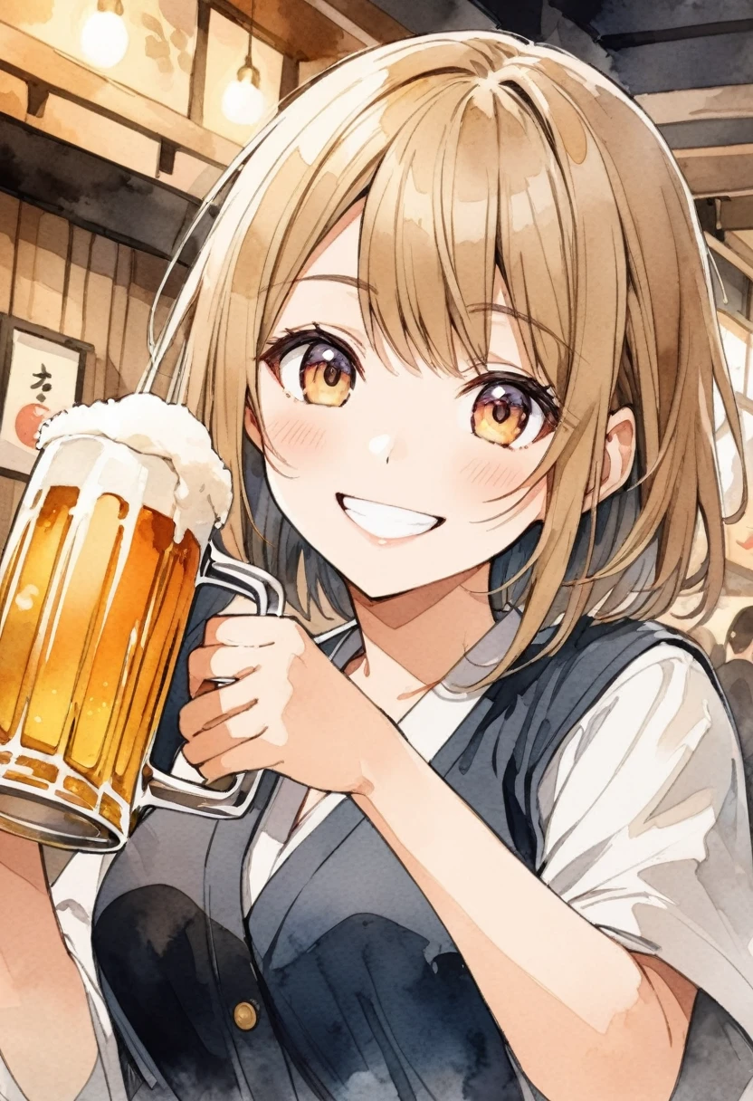 A female college student smiling at you while holding a beer mug in one hand, shoving the beer mug towards you, Izakaya, watercolor style, anime style illustration