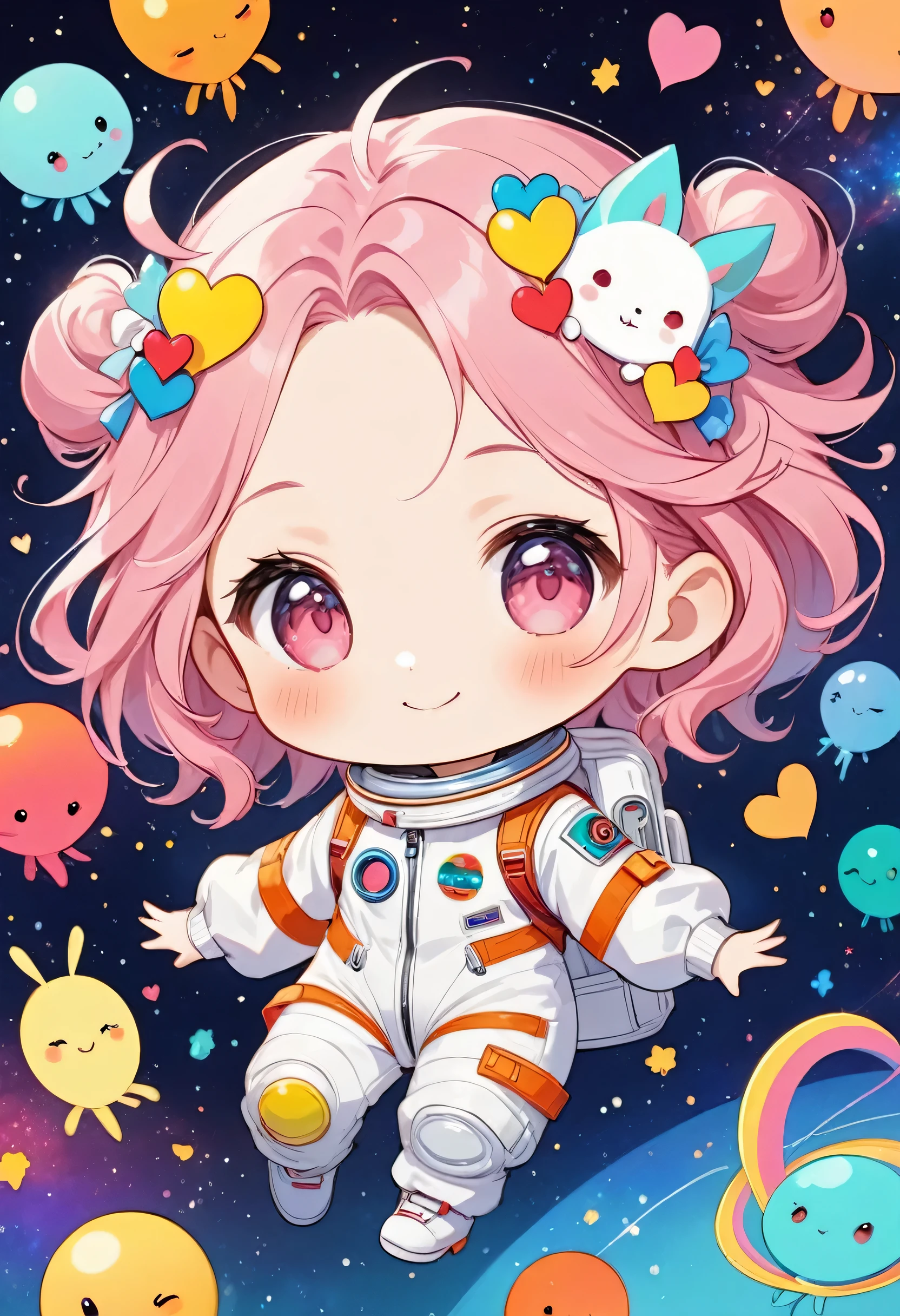 Momoko Sakura colorfull style, Simple Line Initialism，Abstract art，(((The most beautiful girl of all time))), (((chibi))), Sweet face. colorful hearts, funny design, (((happy dance))), Spacesuit, (((Cute Aliens))), The background is space