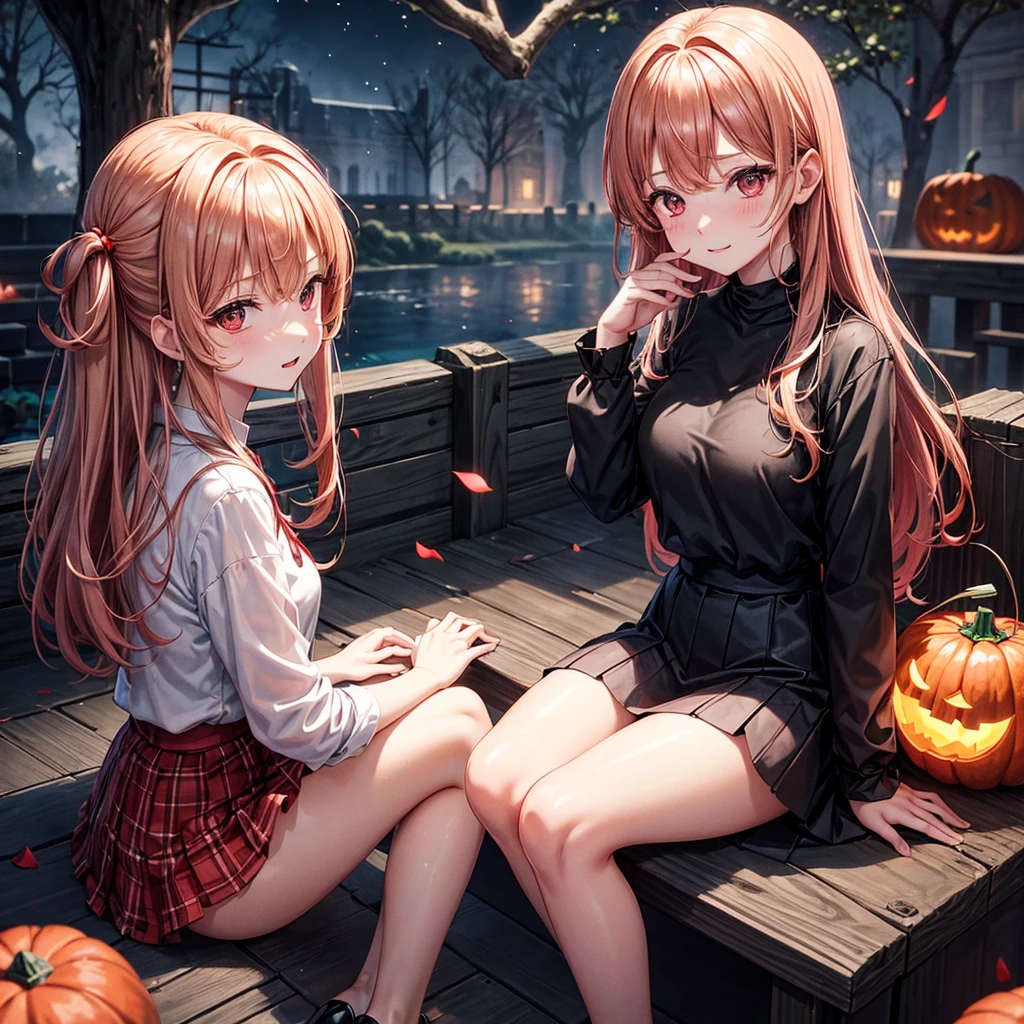 Red-blonde、Red eyes、One cute girl、solo、And soul、Light clothing、Checked mini skirt、petal、Wet hair、Sit on、black t-shirts、large tree、cloud、full moon、monster castle、Lantern in the shape of a pumpkin、Hell's Gate、Craft Gatekeeper、barefoot、Stones are piled up、Teeth are visible、Secret Treasure、Wooden chair、Moss grows、Fortress City、water is gushing out、Lightning strikes