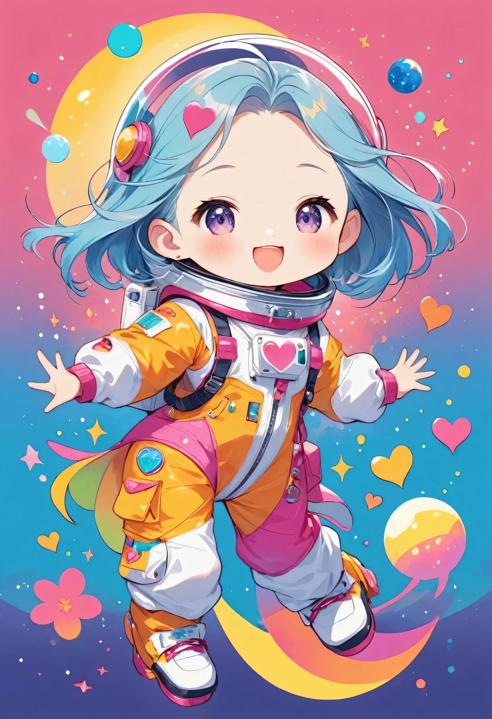 Momoko Sakura colorfull style, Simple Line Initialism,Abstract art,(((The most beautiful girl of all time))), (((chibi))), Sweet face. colorful hearts, funny design, (((happy dance))), Spacesuit, (((Cute Aliens))), The background is space