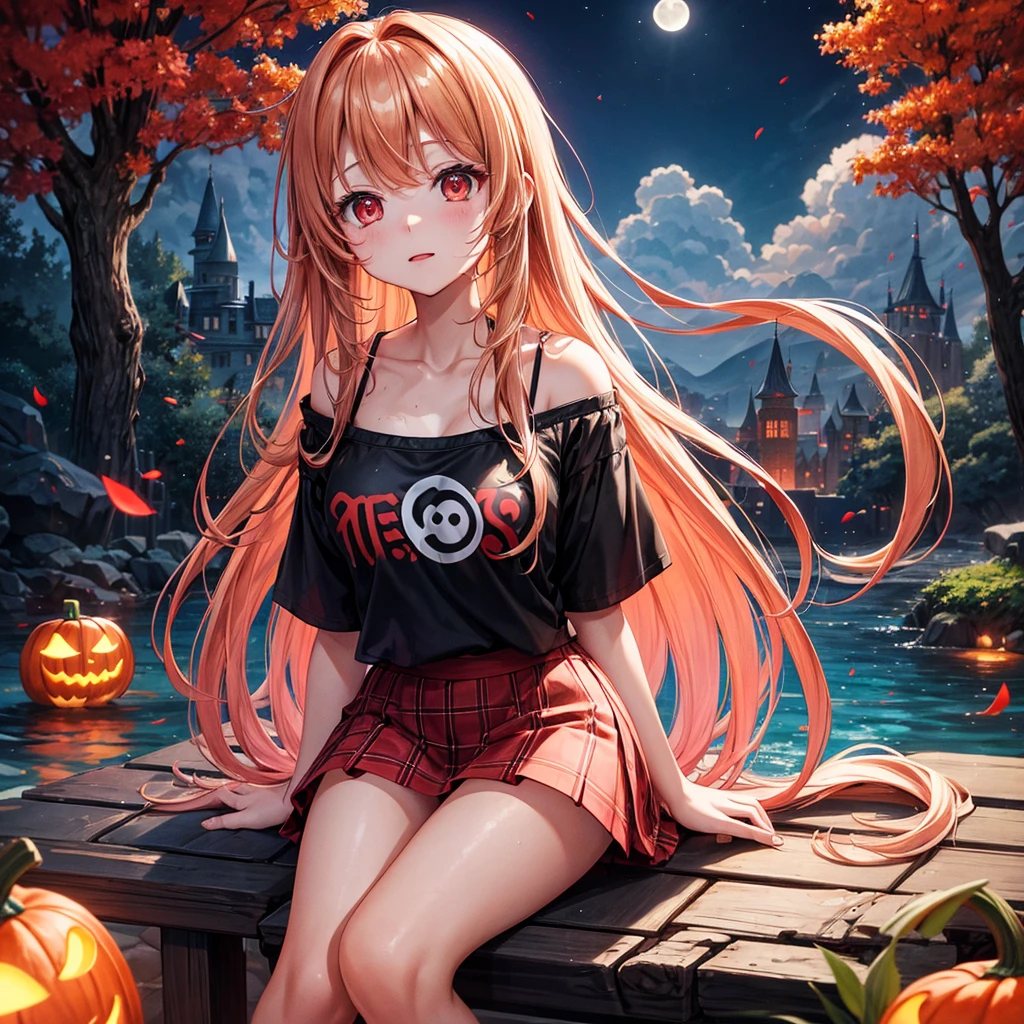 Red-blonde、Red eyes、One cute girl、solo、And soul、Light clothing、Checked mini skirt、petal、Wet hair、Sit on、black t-shirts、large tree、cloud、full moon、monster castle、Lantern in the shape of a pumpkin、Hell's Gate、Craft Gatekeeper、barefoot、Stones are piled up、Teeth are visible、Secret Treasure、Wooden chair、Moss grows、Fortress City、water is gushing out、Lightning strikes