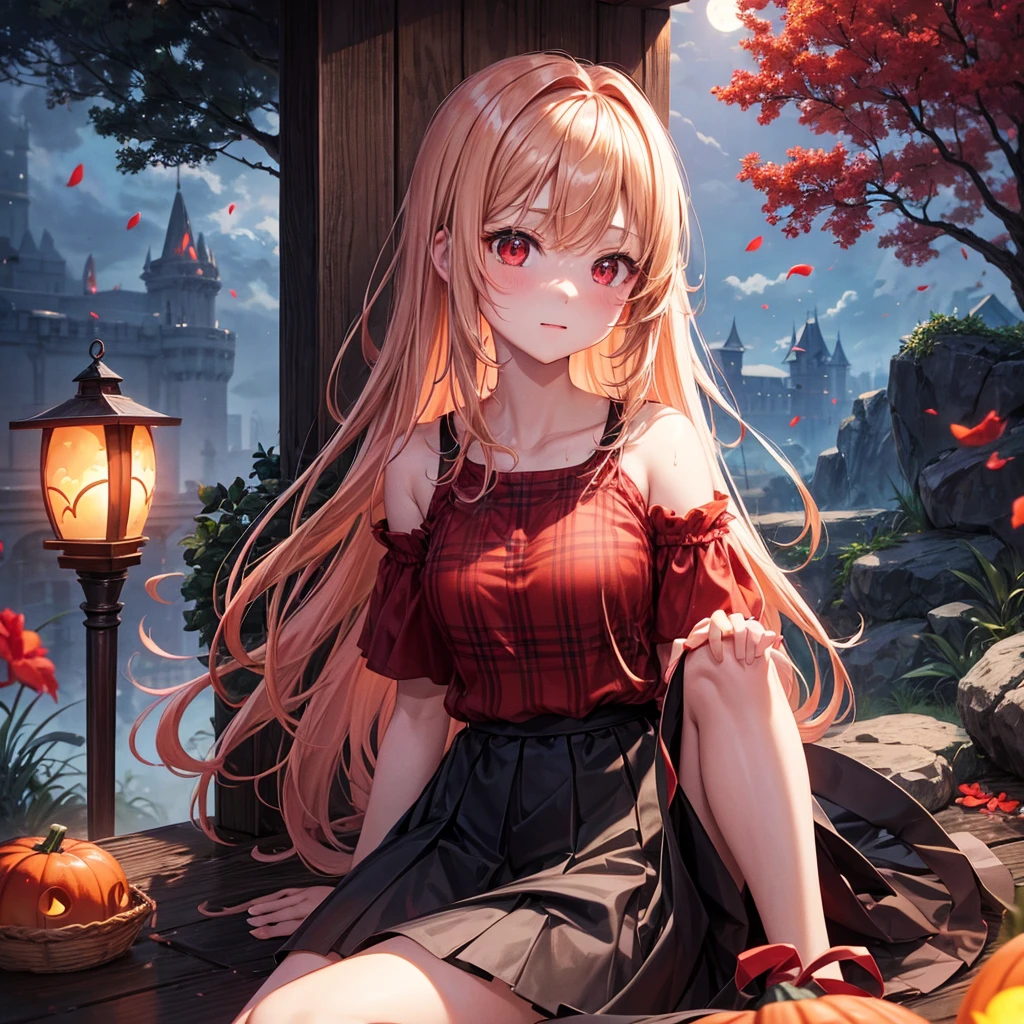 Red-blonde、Red eyes、One cute girl、solo、And soul、Light clothing、Checked mini skirt、petal、Wet hair、Sit on、black t-shirts、large tree、cloud、full moon、monster castle、Lantern in the shape of a pumpkin、Hell&#39;s Gate、Craft Gatekeeper、barefoot、Stones are piled up、Teeth are visible、Secret Treasure、Wooden chair、Moss grows、Fortress City、water is gushing out、Lightning strikes