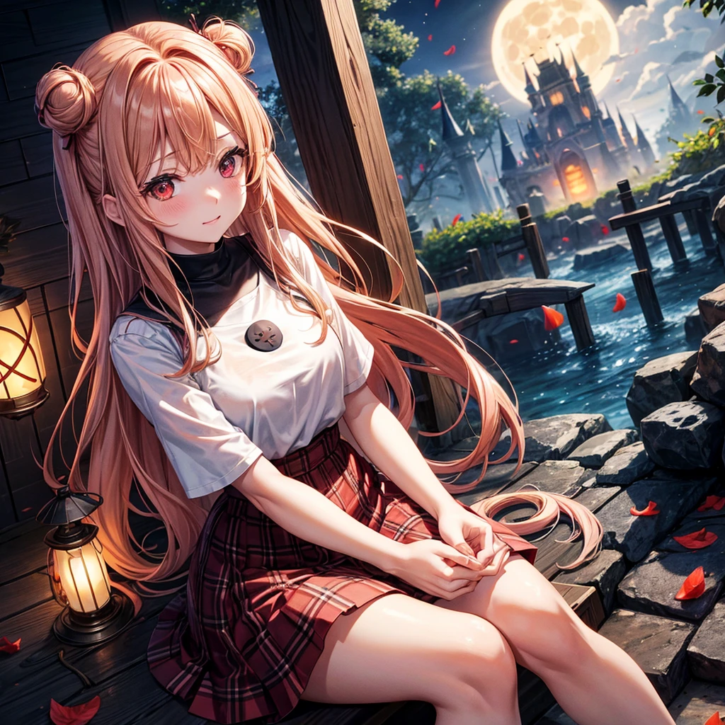 Red-blonde、Red eyes、One cute girl、solo、And soul、Light clothing、Checked mini skirt、petal、Wet hair、Sit on、black t-shirts、large tree、cloud、full moon、monster castle、Lantern in the shape of a pumpkin、Hell&#39;s Gate、Craft Gatekeeper、barefoot、Stones are piled up、Teeth are visible、Secret Treasure、Wooden chair、Moss grows、Fortress City、water is gushing out、Lightning strikes